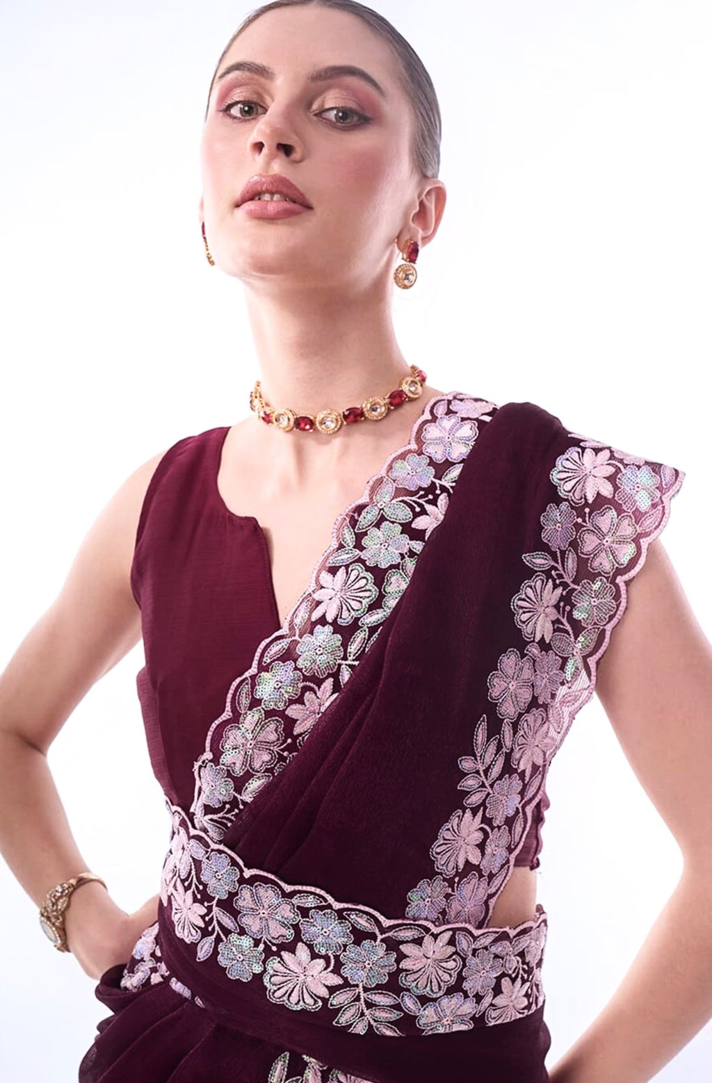 Designer Saree With Sequins And Threads Embroidery work