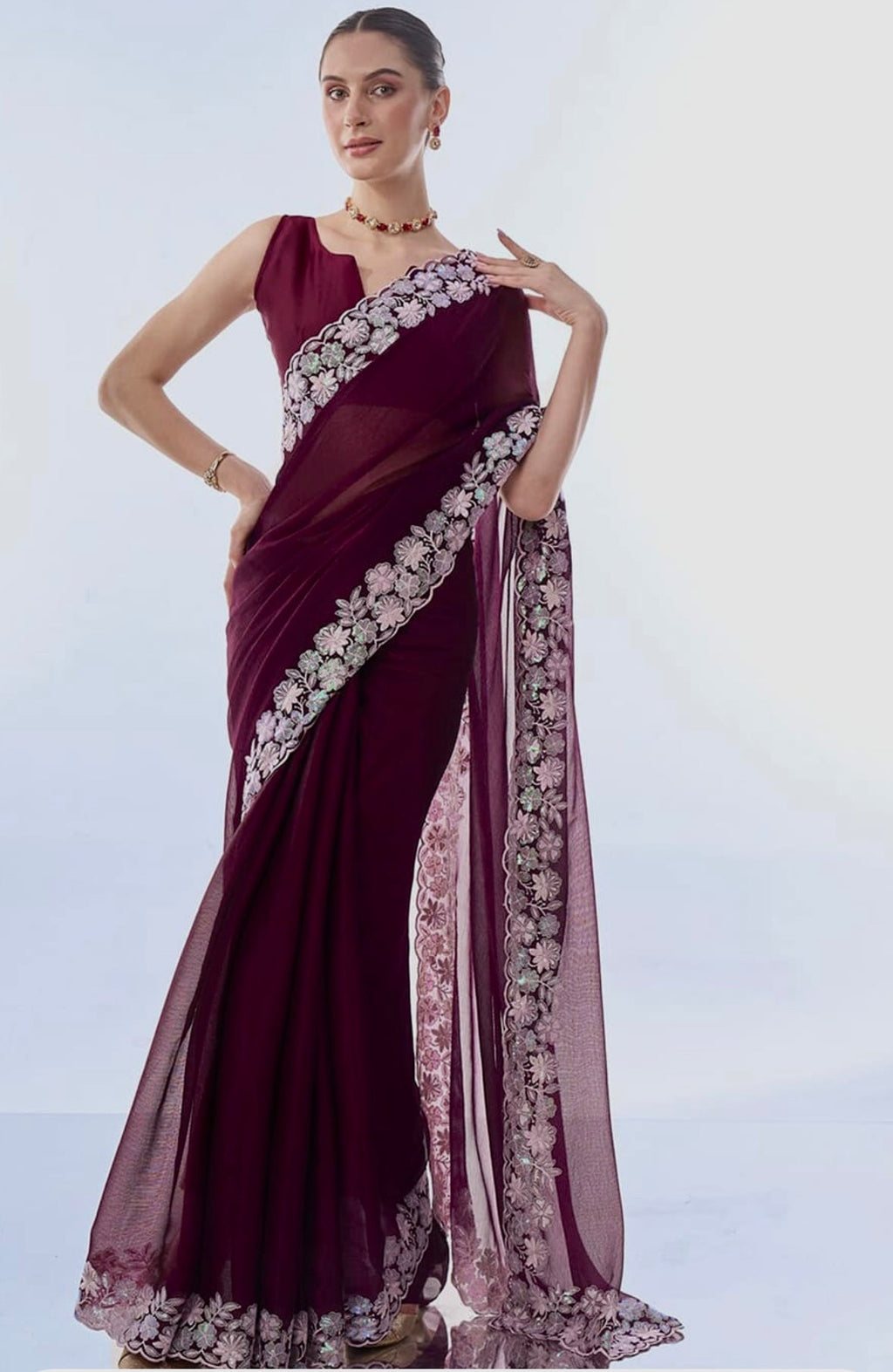 Designer Saree With Sequins And Threads Embroidery work