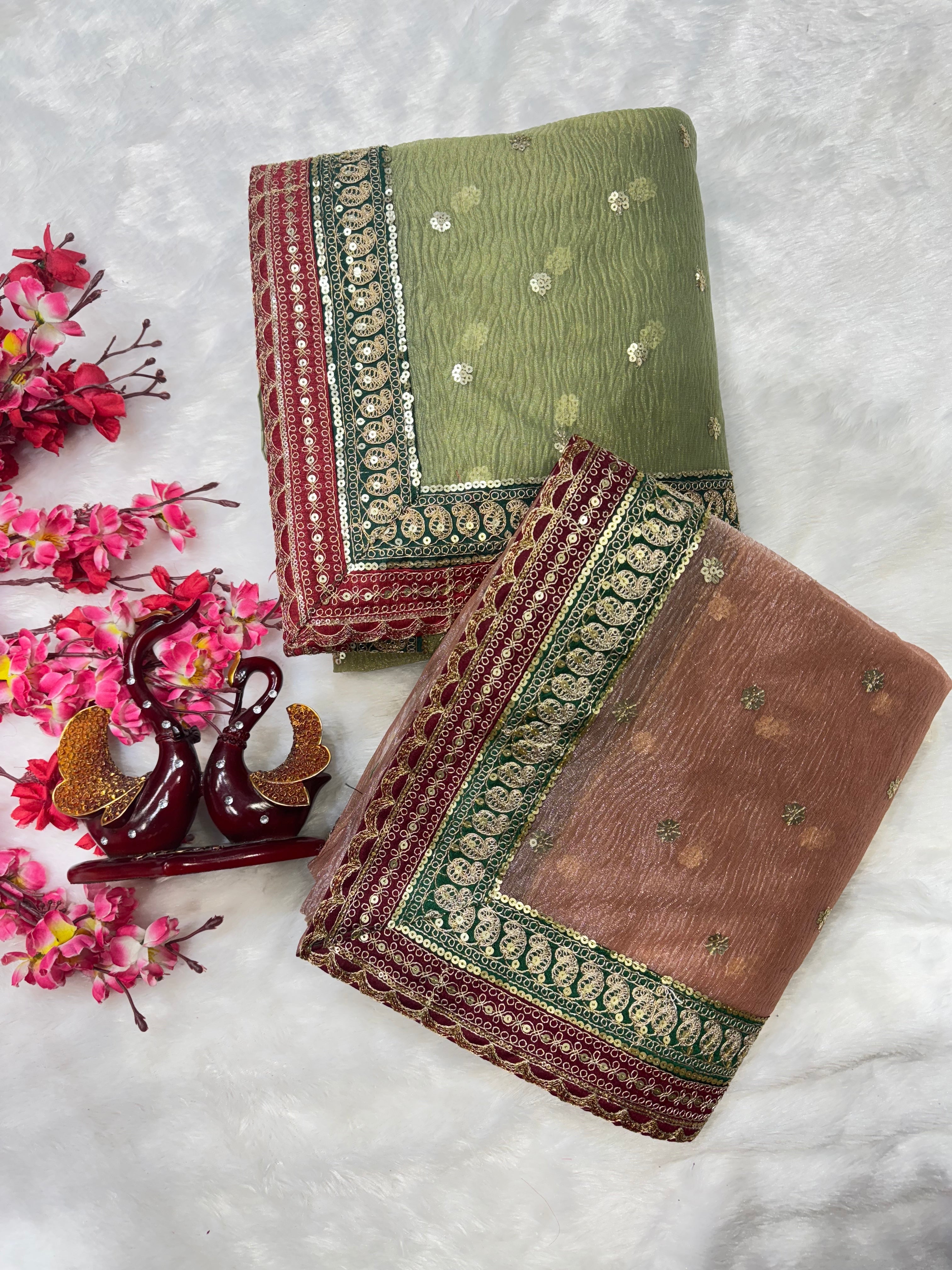 Designer Saree With Sequins And Cording Embroidery Work Lace Border