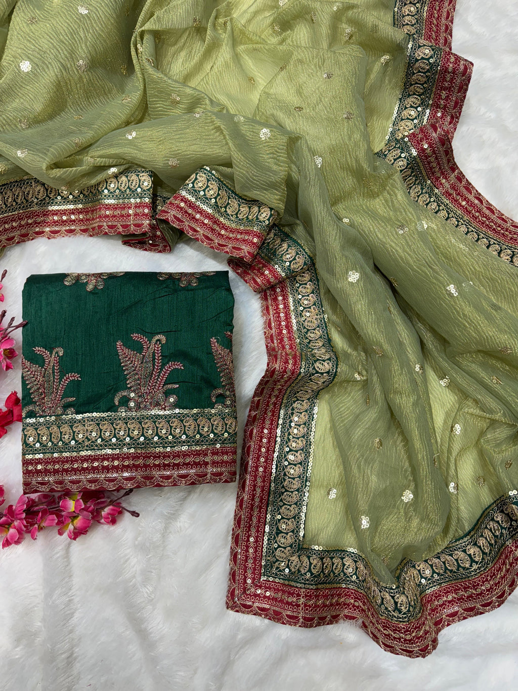 Designer Saree With Sequins And Cording Embroidery Work Lace Border