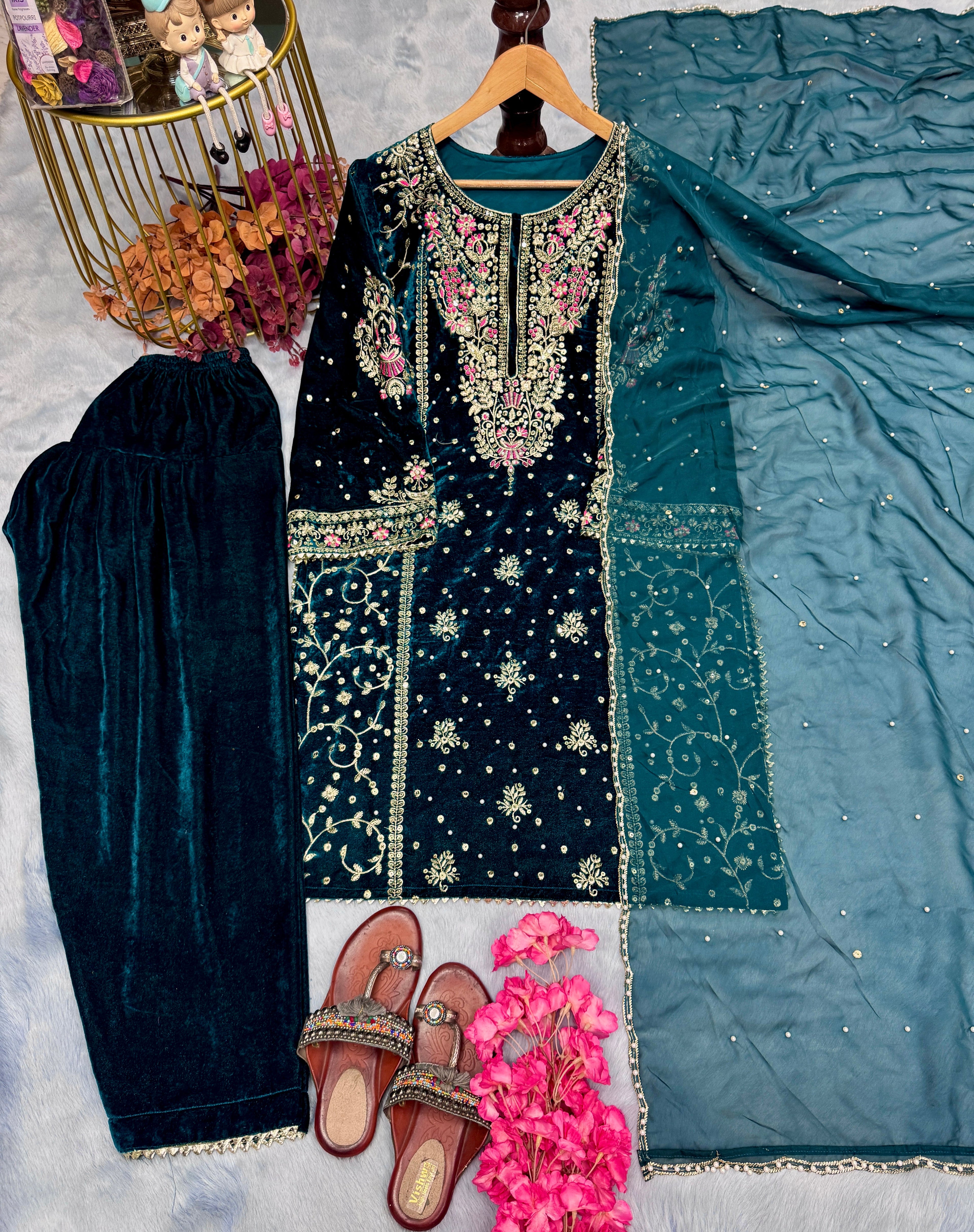 Designer Party Wear Look Heavy Pure Viscose Velvet Top Plazzo & Dupatta Set