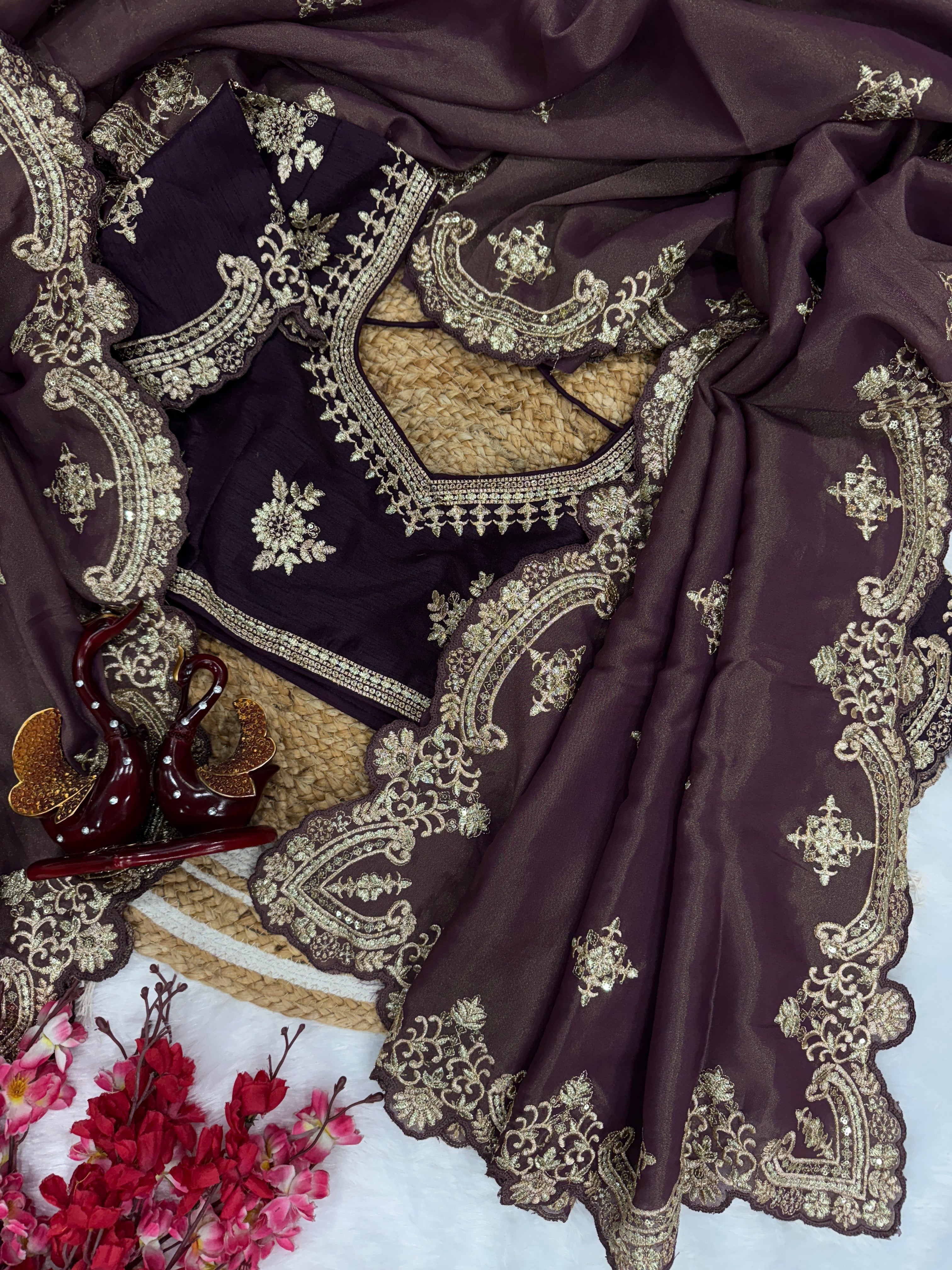 Party Wear Designer Saree With Zari Embroidery Work