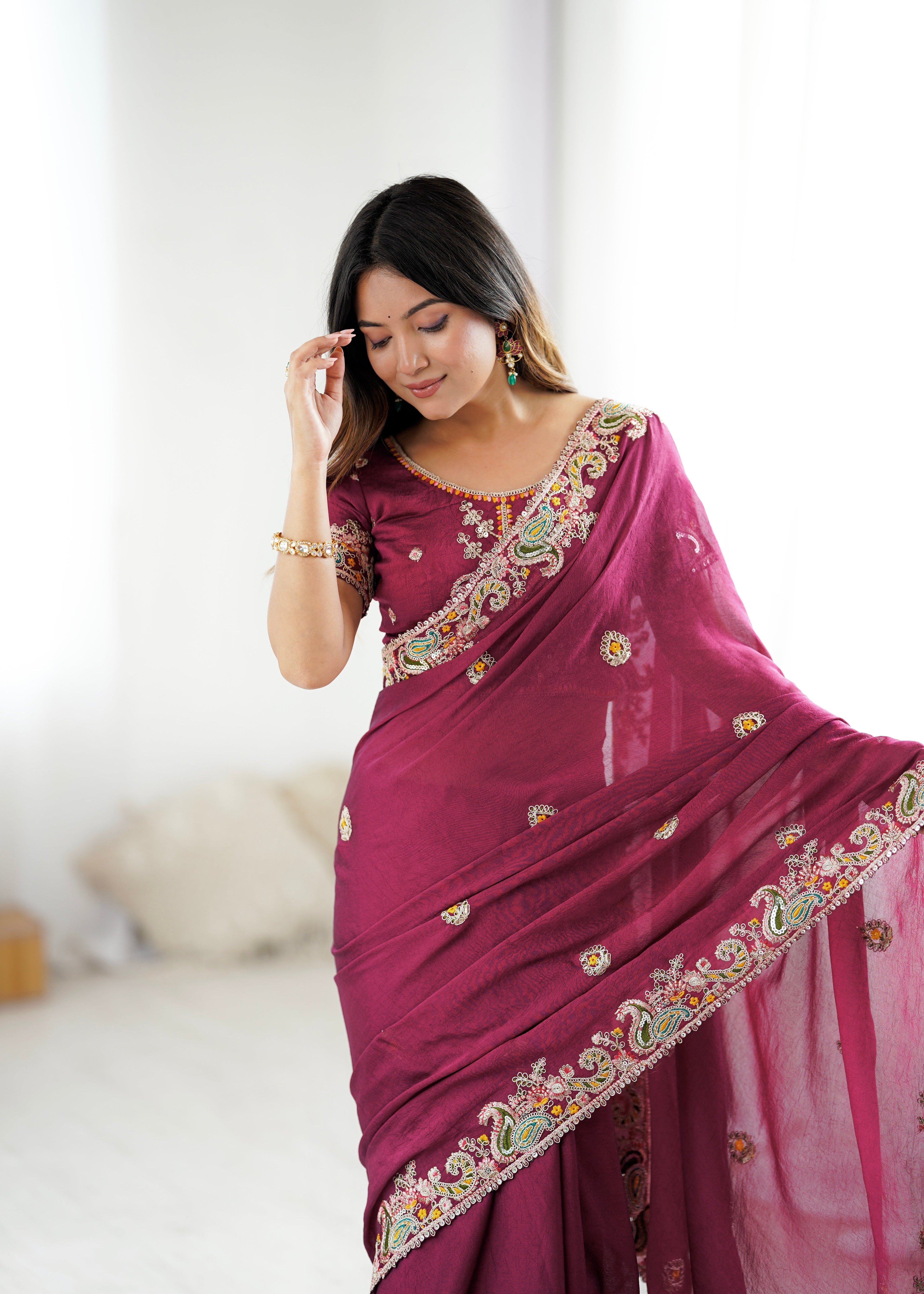 Fancy Saree With Embroidery Threads & Codding & Sequins Work