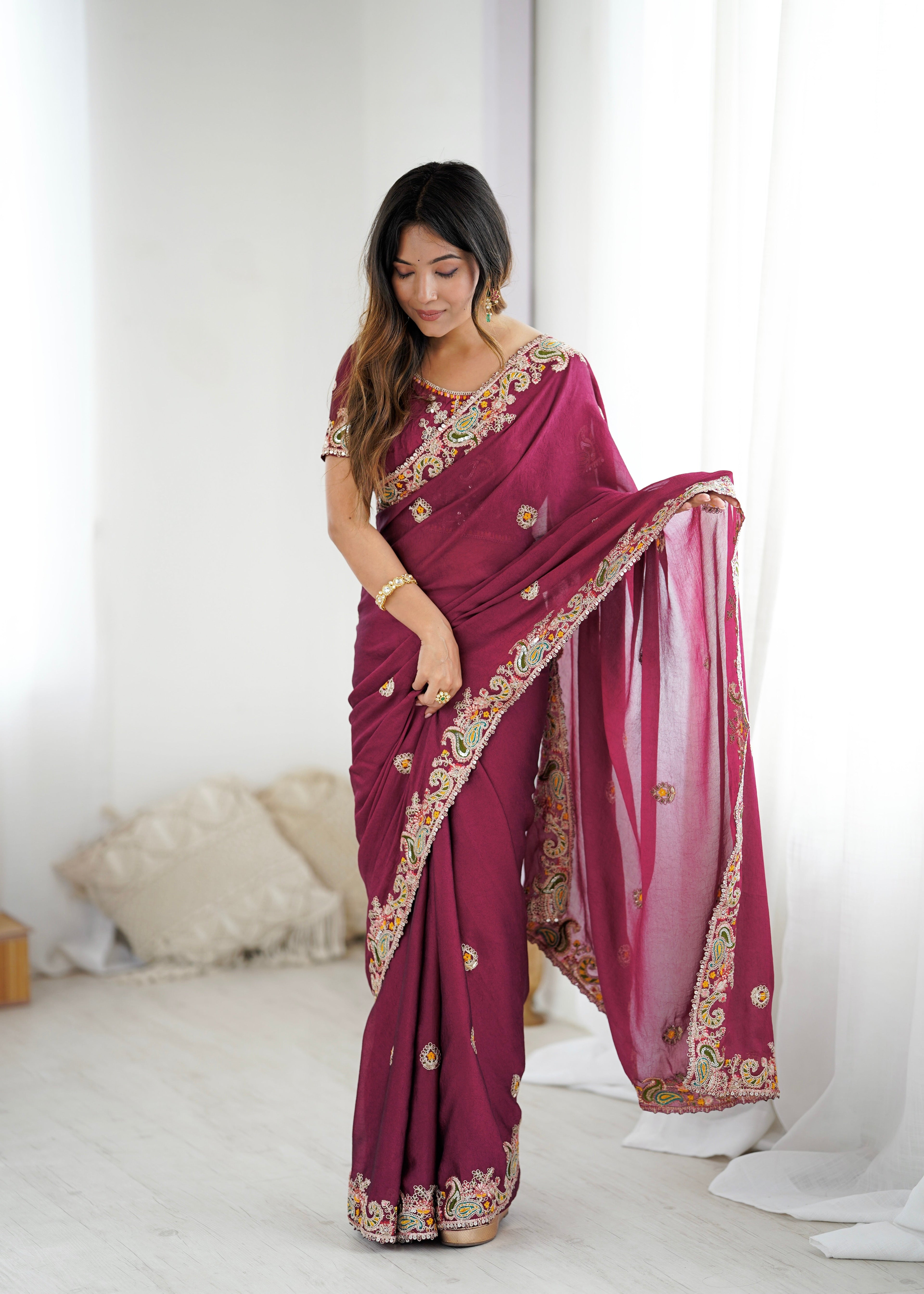 Fancy Saree With Embroidery Threads & Codding & Sequins Work