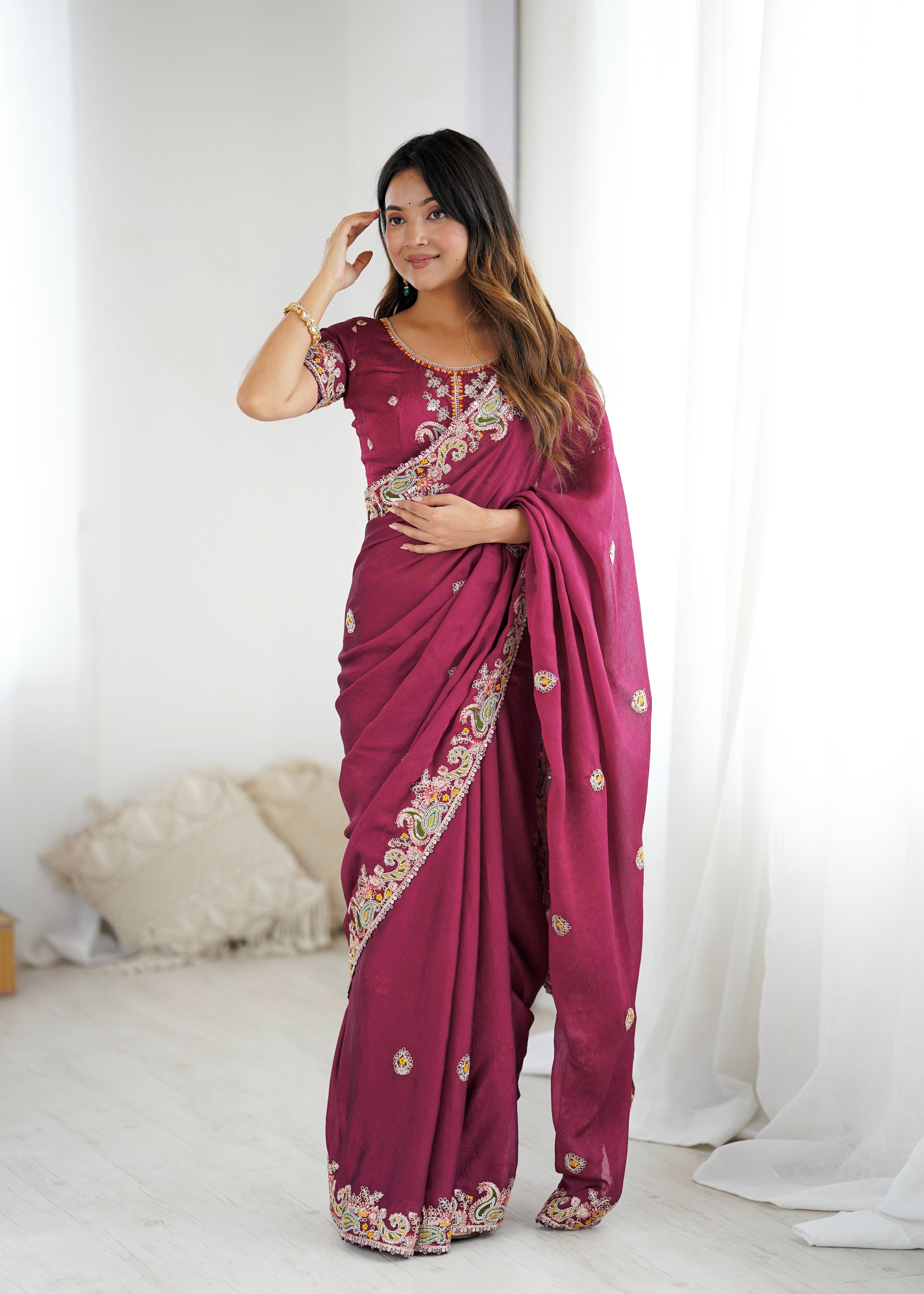 Fancy Saree With Embroidery Threads & Codding & Sequins Work