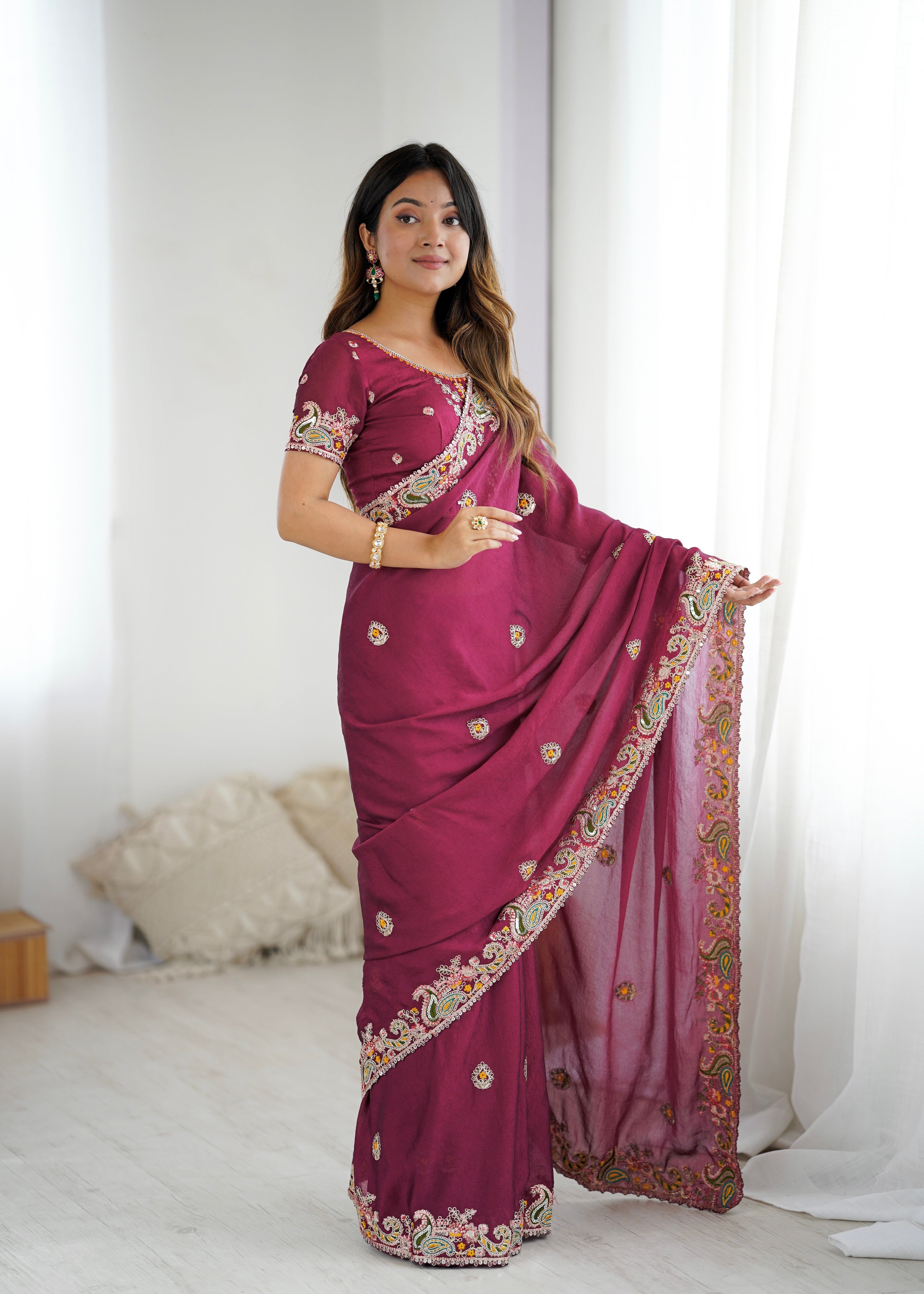 Fancy Saree With Embroidery Threads & Codding & Sequins Work