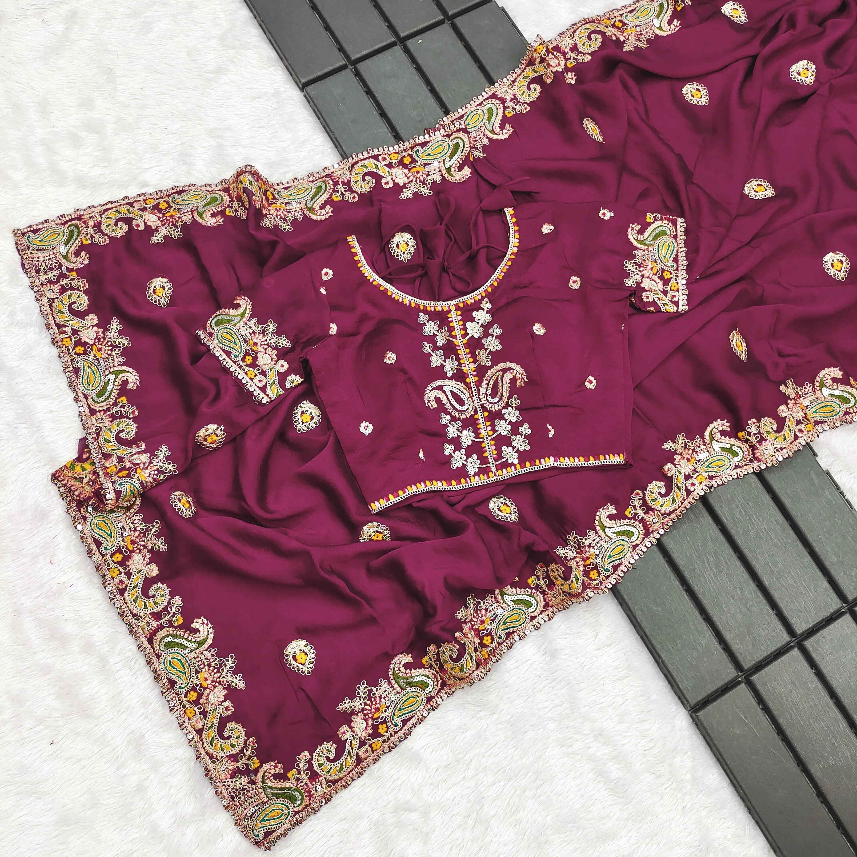 Fancy Saree With Embroidery Threads & Codding & Sequins Work