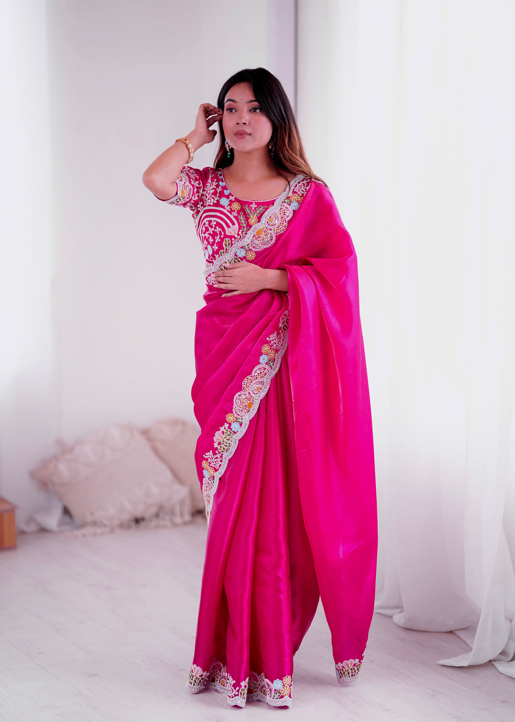 Fancy Saree With Heavy Embroidery Threads Codding & Sequins Work