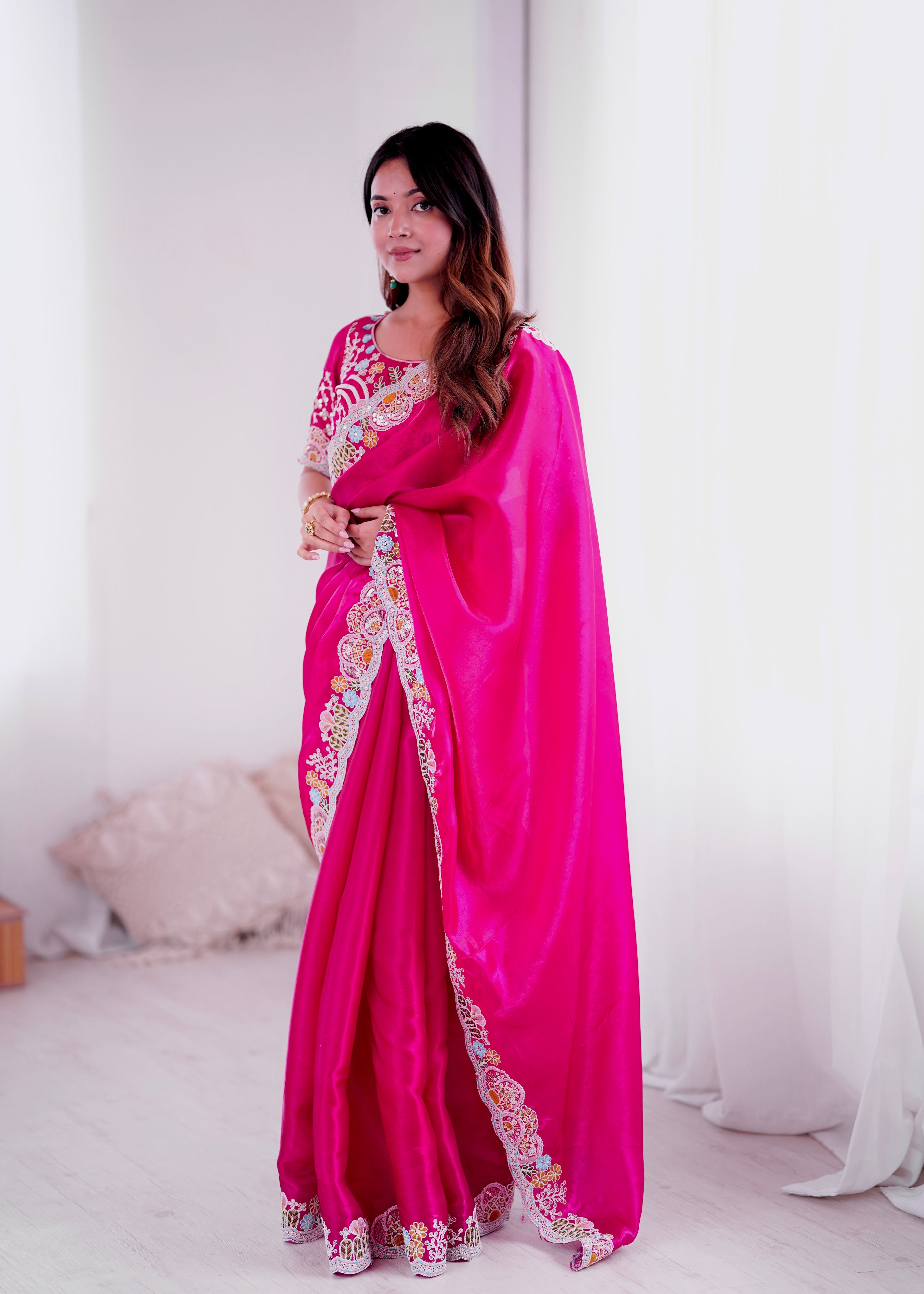 Fancy Saree With Heavy Embroidery Threads Codding & Sequins Work
