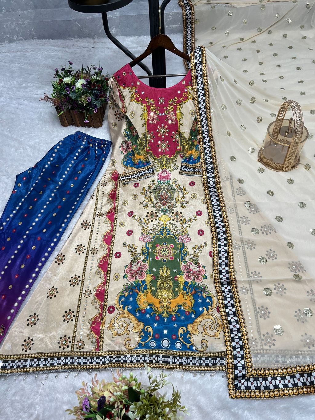 पार्टी वेयर लुक वाला टॉप-बॉटम और दुपट्टा, असली मिरर हैंडवर्क के साथ