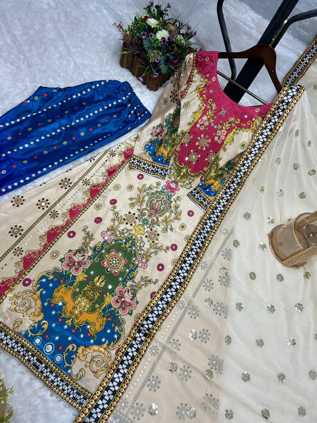 पार्टी वेयर लुक वाला टॉप-बॉटम और दुपट्टा, असली मिरर हैंडवर्क के साथ