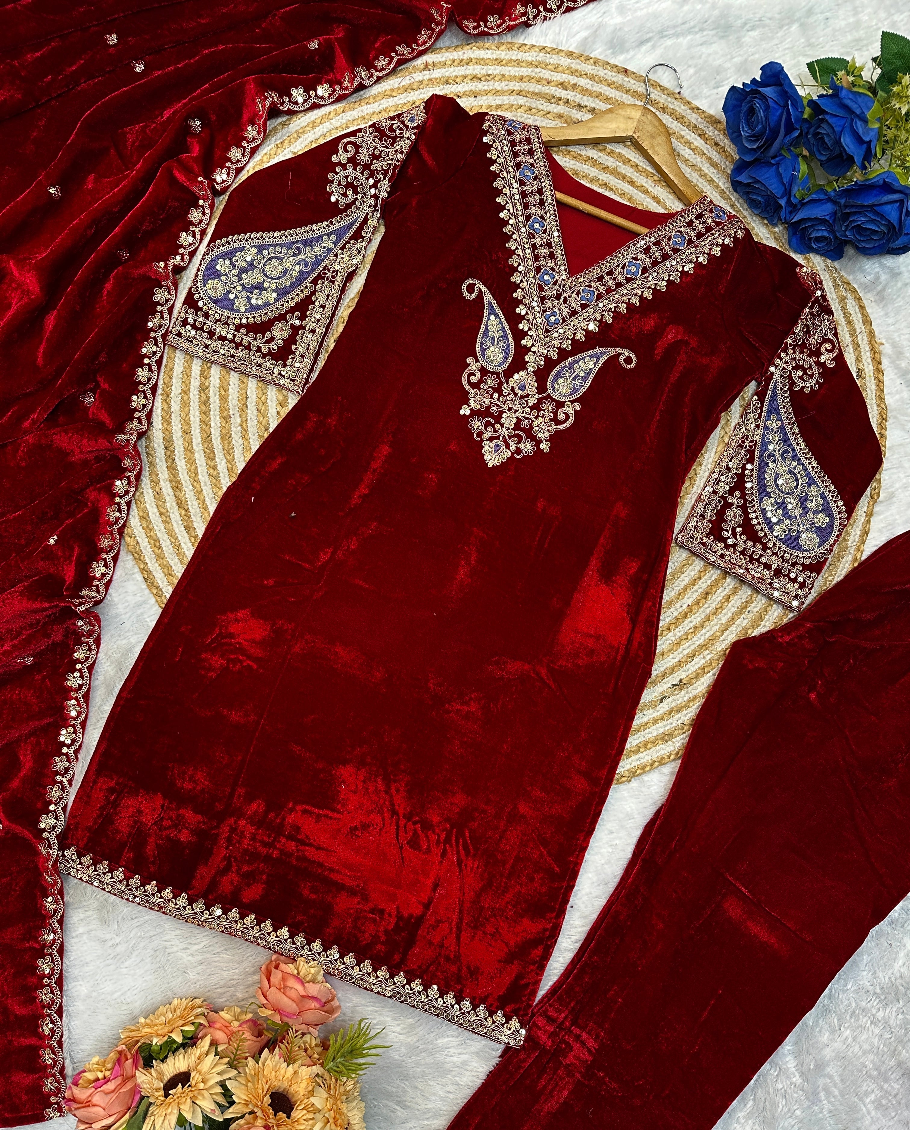 कढ़ाई वर्क वाला डिज़ाइनर पार्टी वेयर टॉप, बॉटम और दुपट्टा