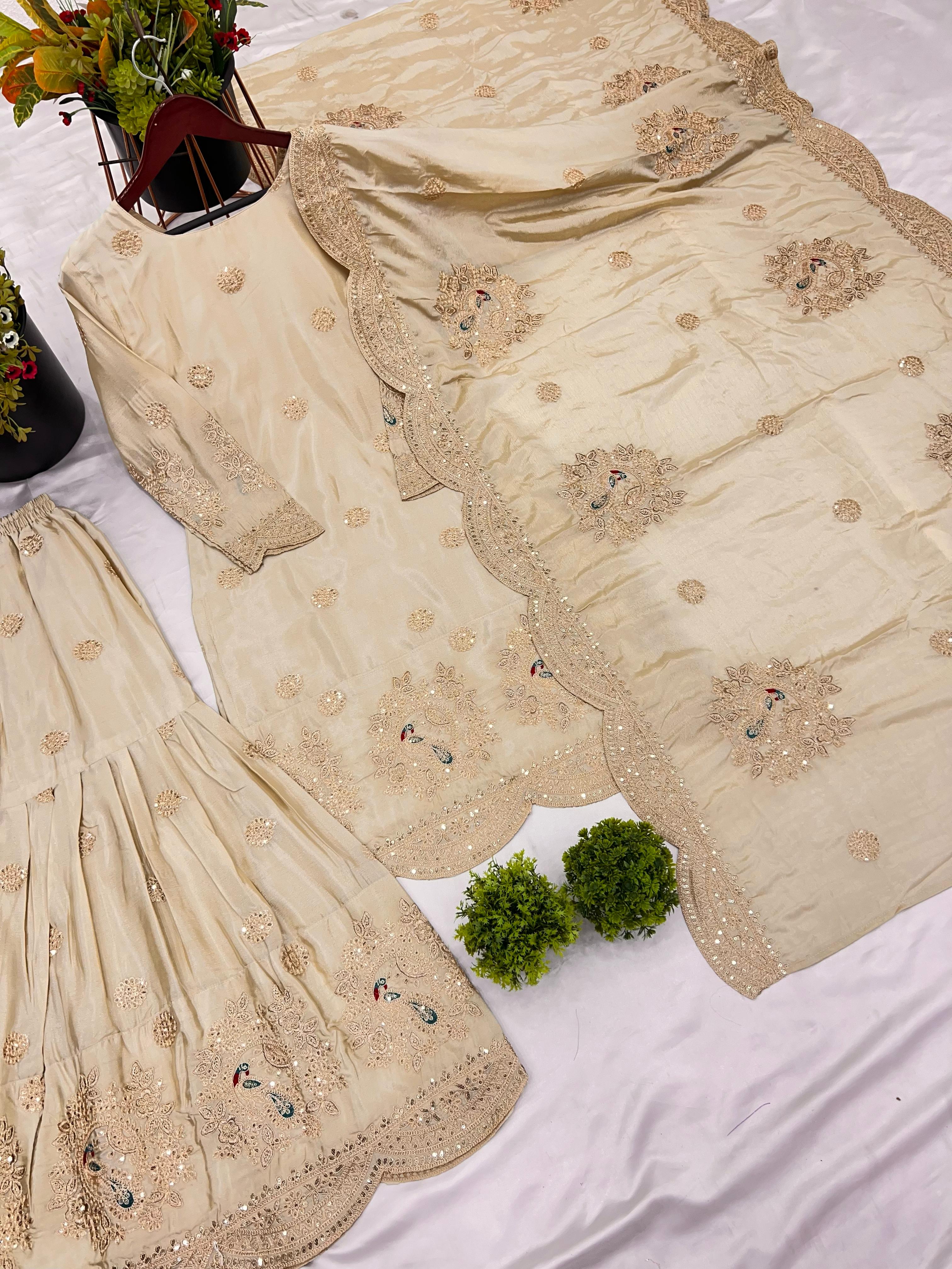 Fancy Top-Bottom And Dupatta Embroidery Coding Dori-Sequence Work