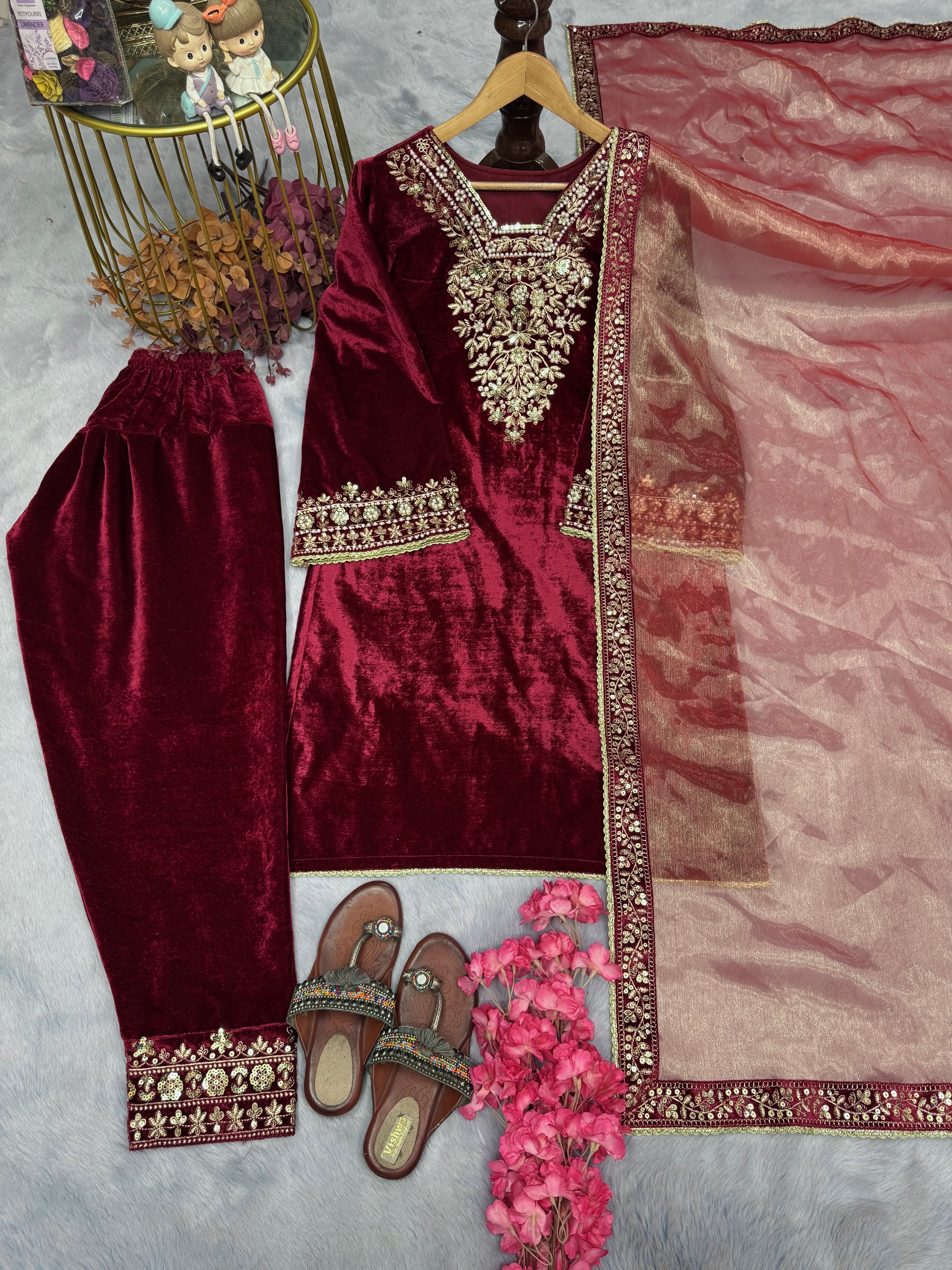 Designer Party Wear Look Heavy Pure Viscose Velvet Top Bottom & Dupatta Set