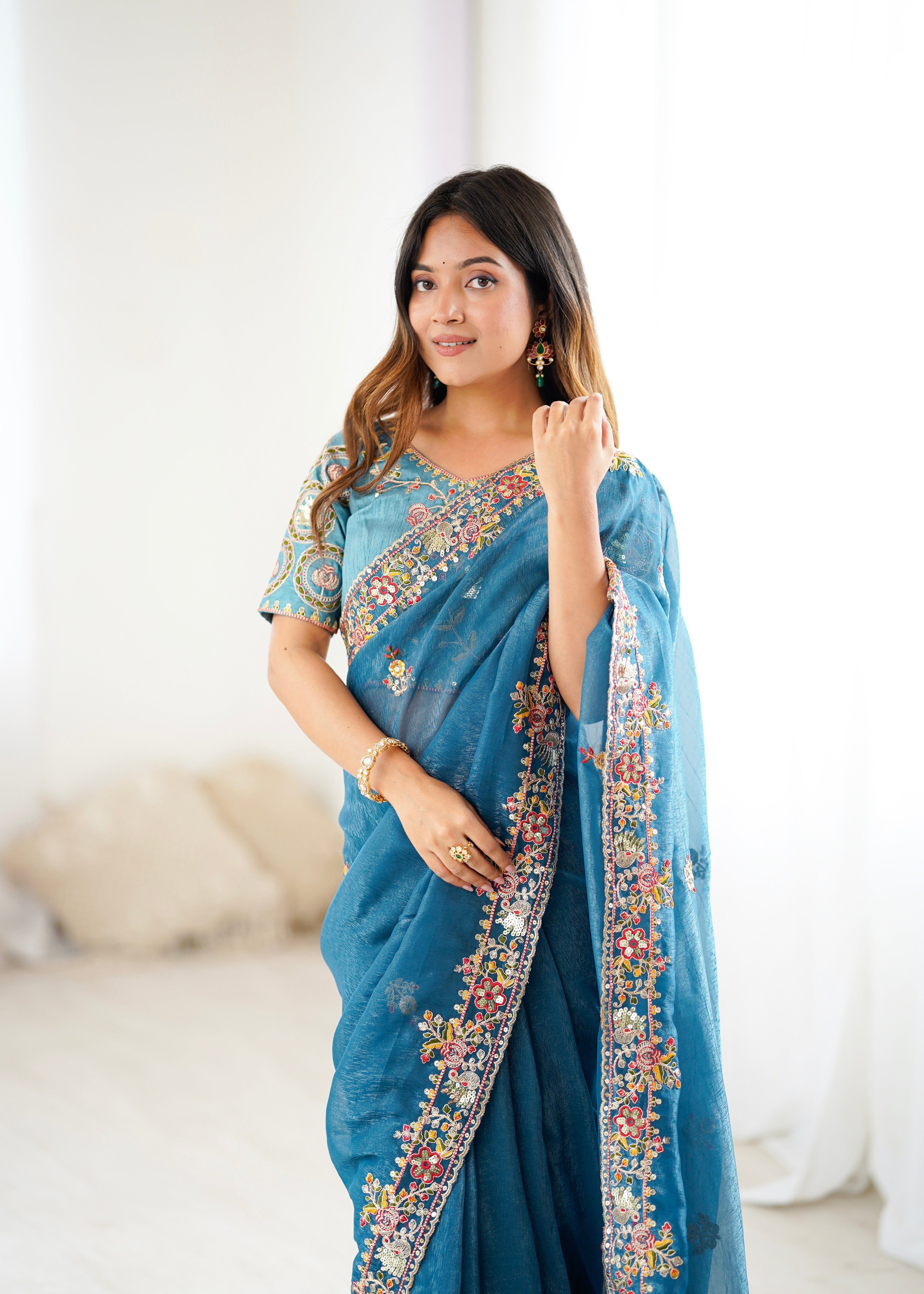 Party Wear Beautiful Saree With  Embroidery Threads Work