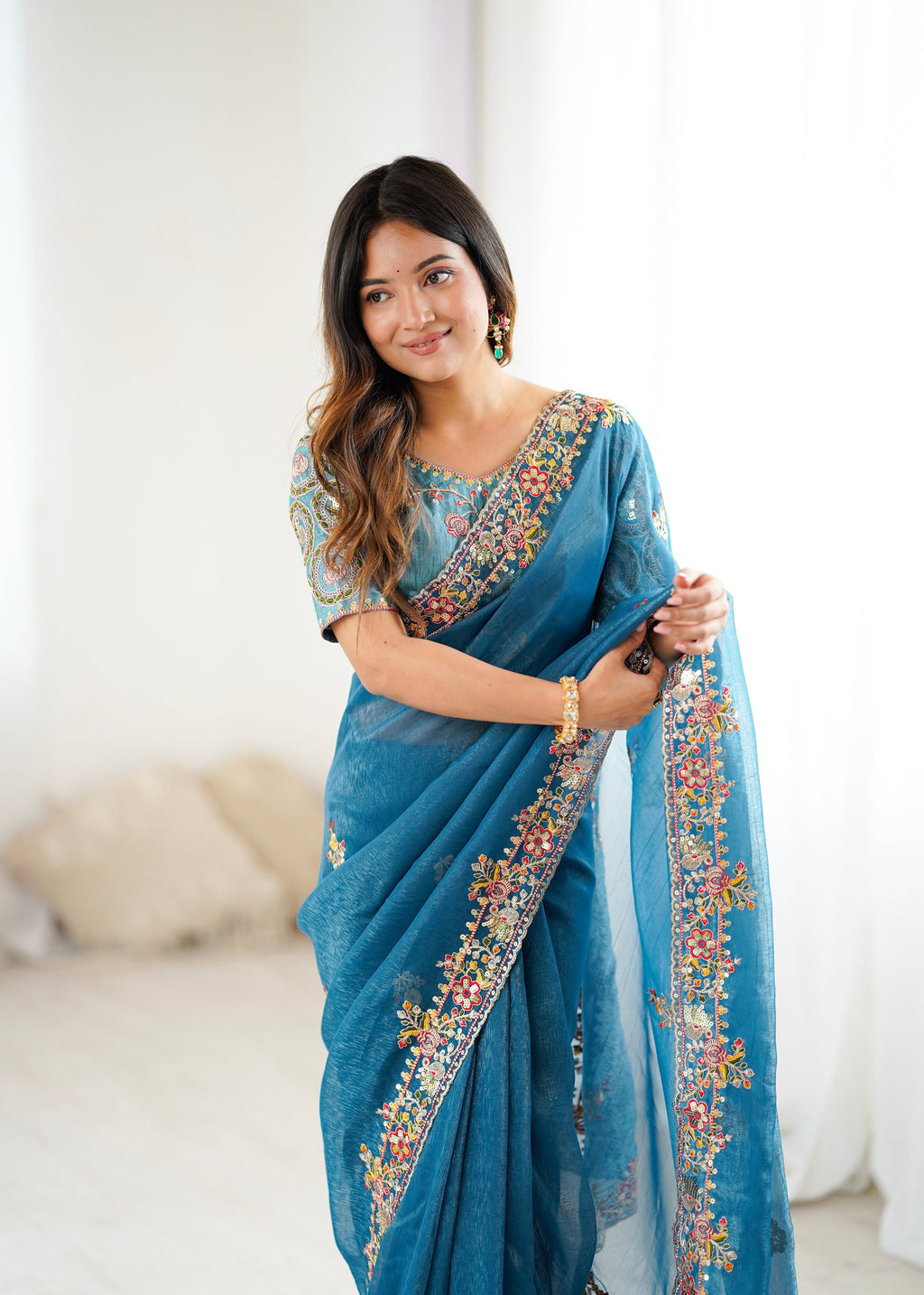 Party Wear Beautiful Saree With  Embroidery Threads Work