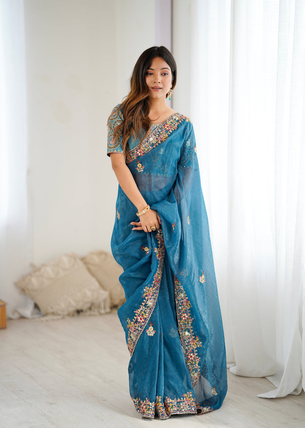 Party Wear Beautiful Saree With  Embroidery Threads Work