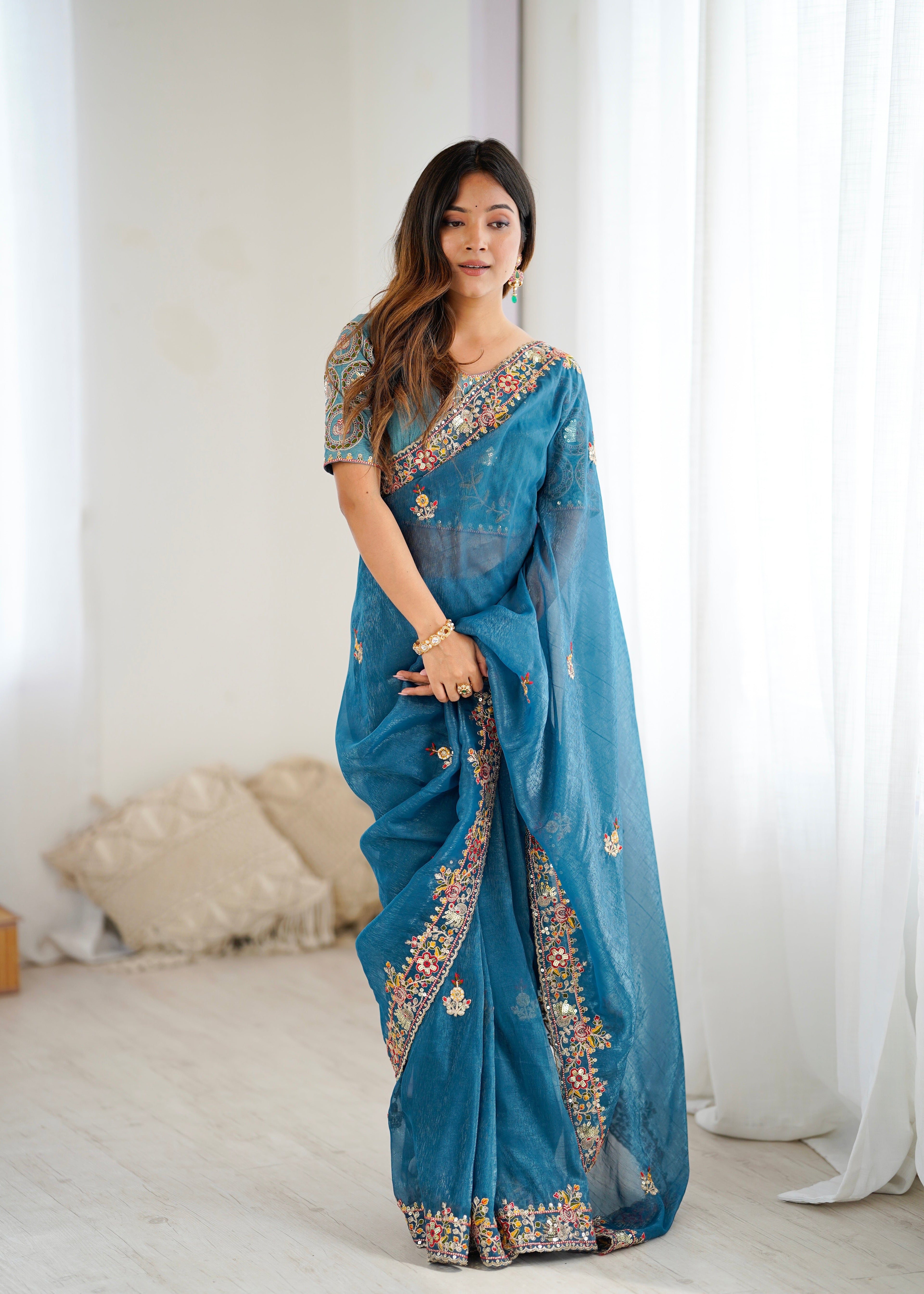 Party Wear Beautiful Saree With  Embroidery Threads Work