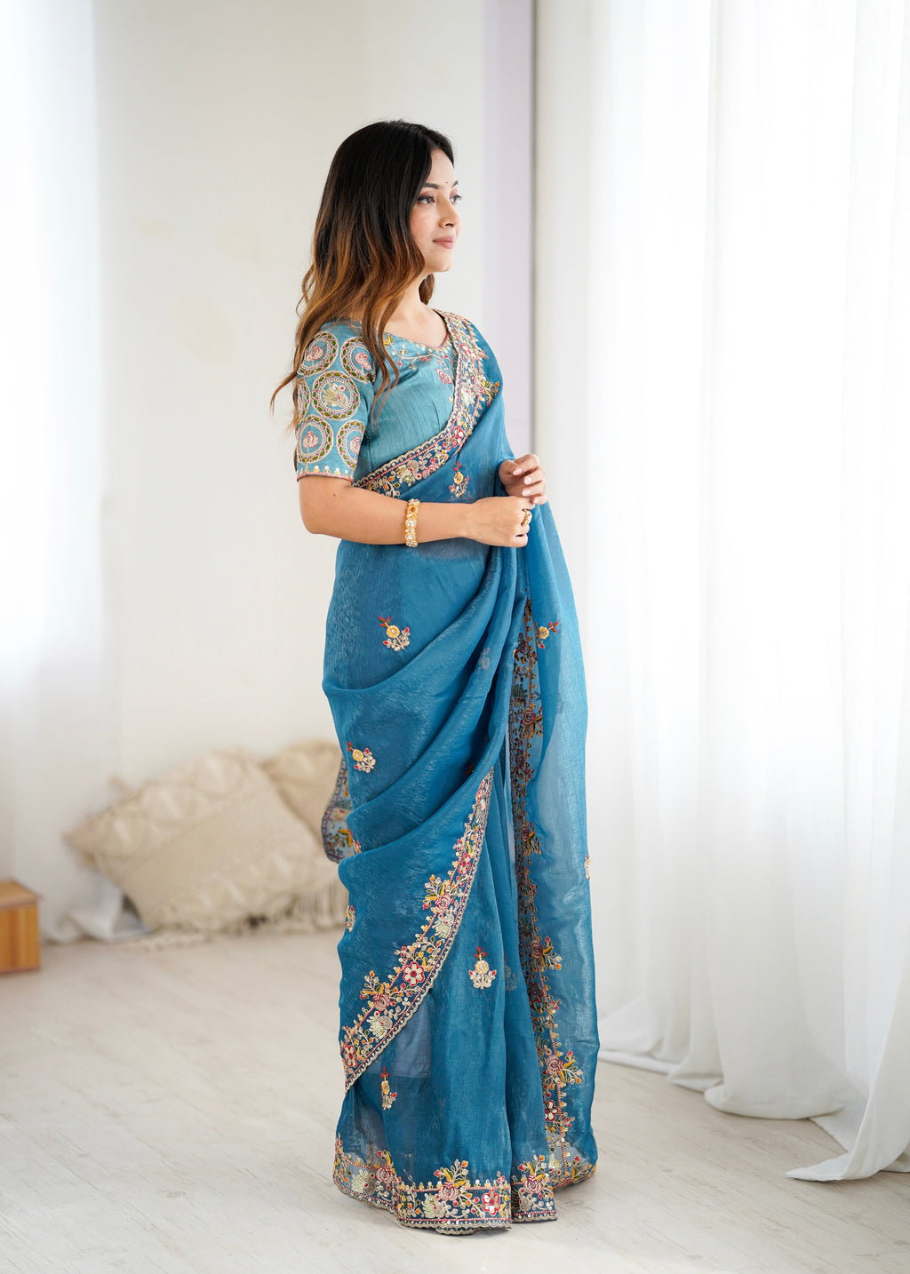 Party Wear Beautiful Saree With  Embroidery Threads Work