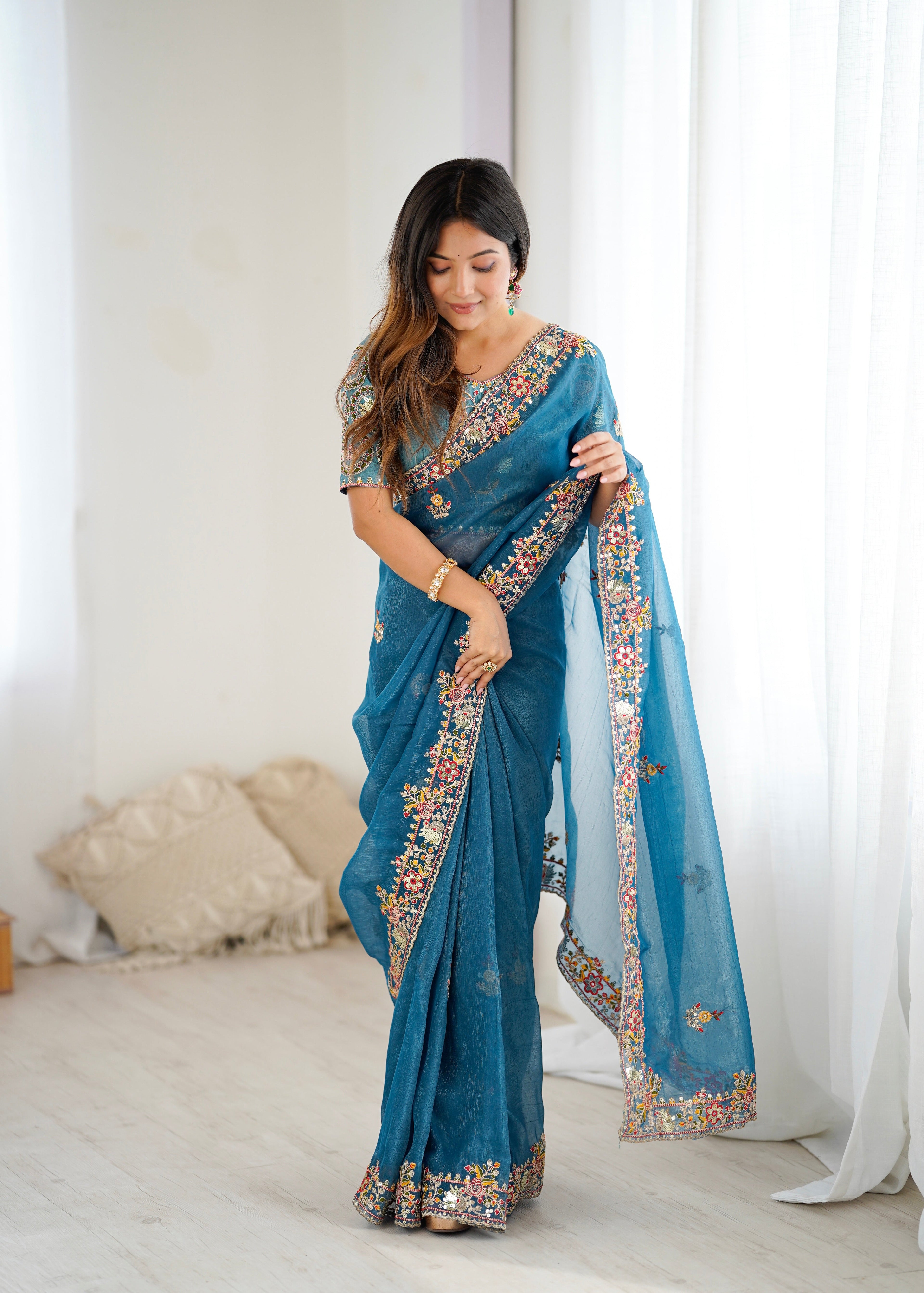 Party Wear Beautiful Saree With  Embroidery Threads Work