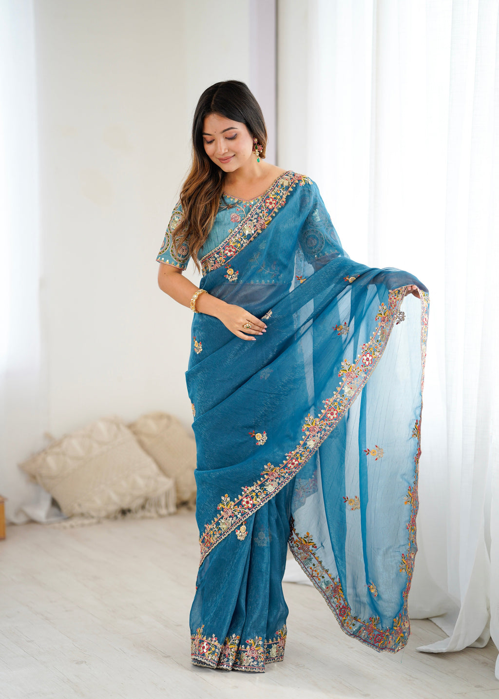 Party Wear Beautiful Saree With  Embroidery Threads Work