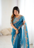 Party Wear Beautiful Saree With  Embroidery Threads Work