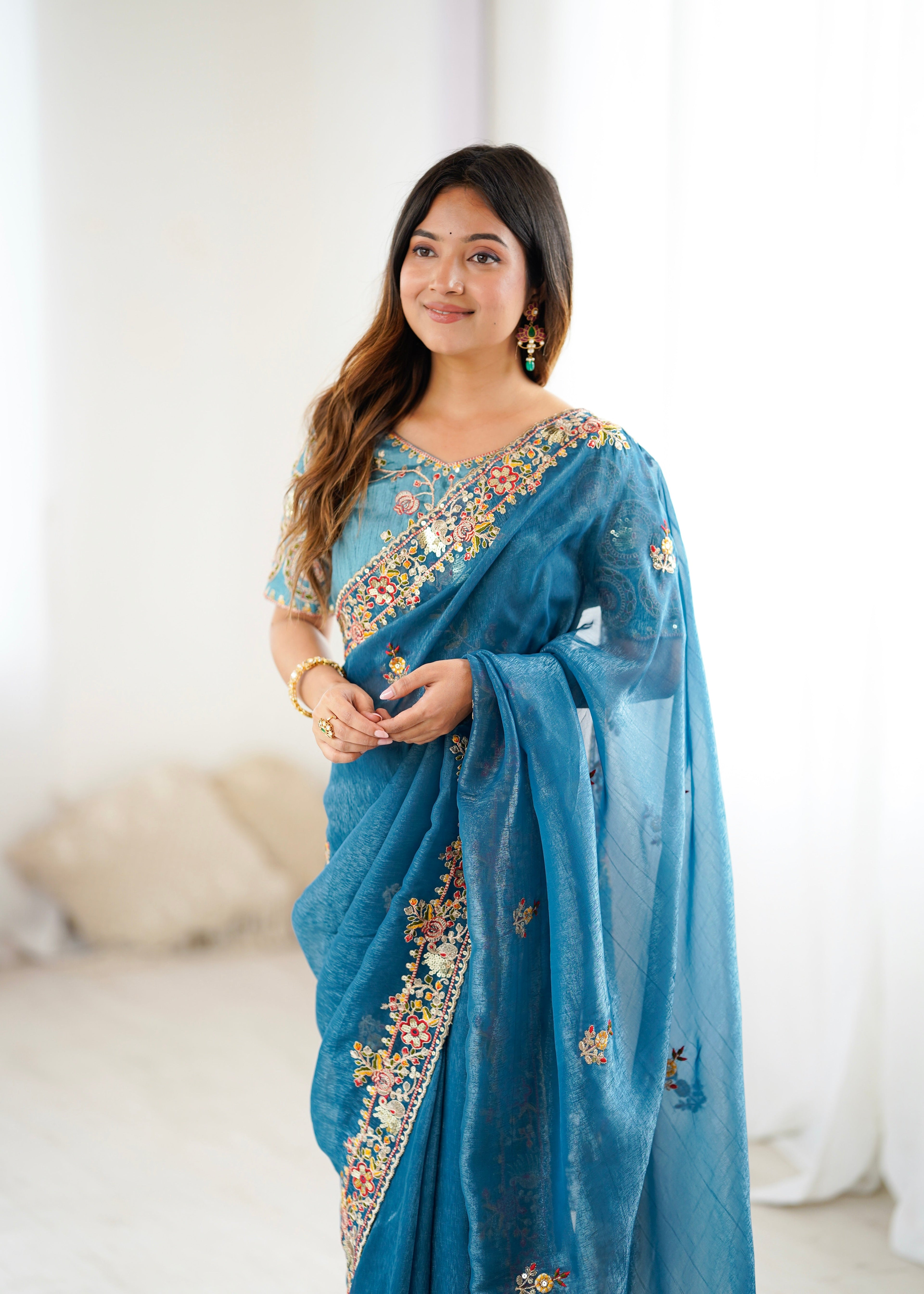 Party Wear Beautiful Saree With  Embroidery Threads Work