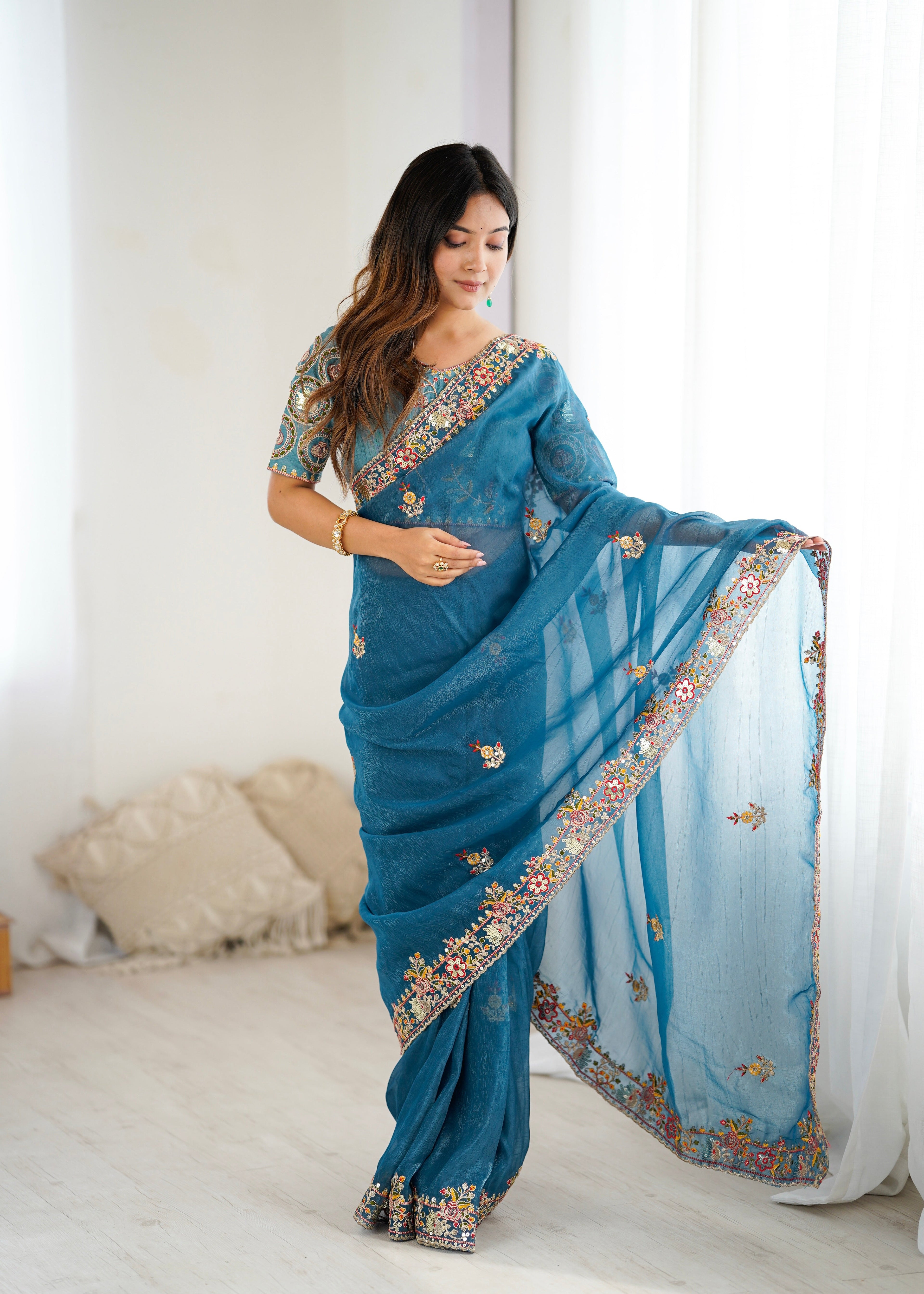 Party Wear Beautiful Saree With  Embroidery Threads Work