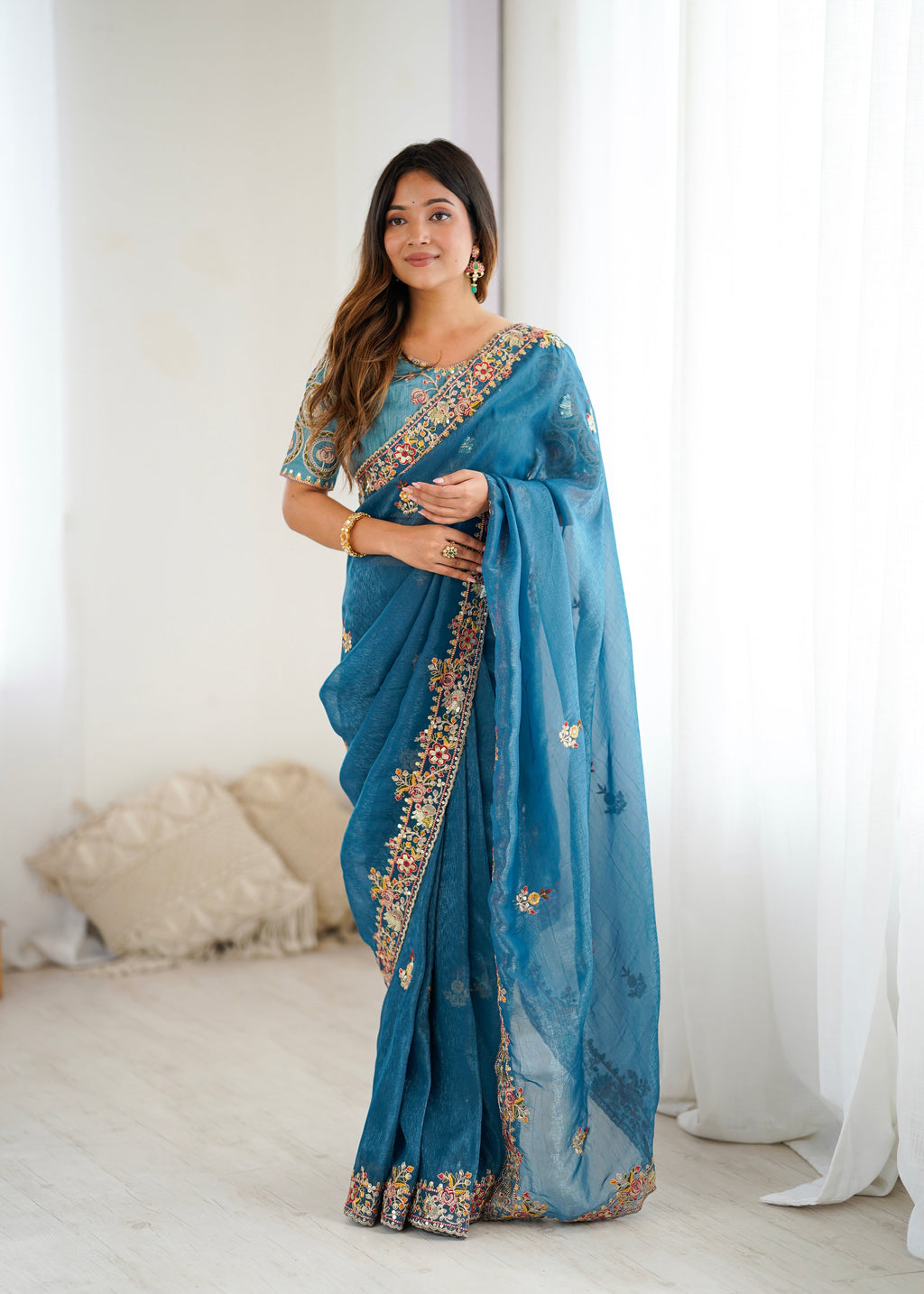 Party Wear Beautiful Saree With  Embroidery Threads Work