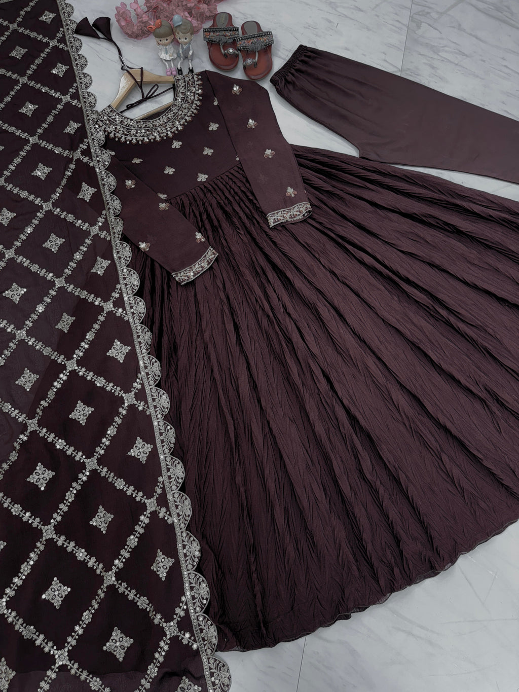 Party Wear Look Pure Crush Chinon Silk Fancy Gown, Dupatta & Bottom Set