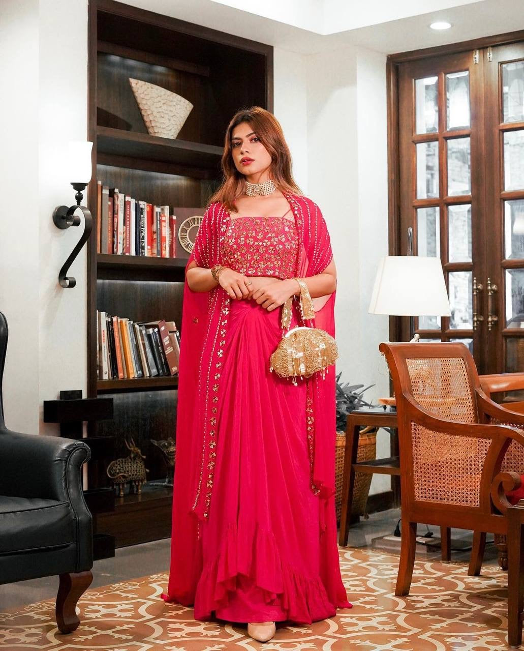 Party Wear Beautiful Indo Western With Sequence, Zari & Paper Work