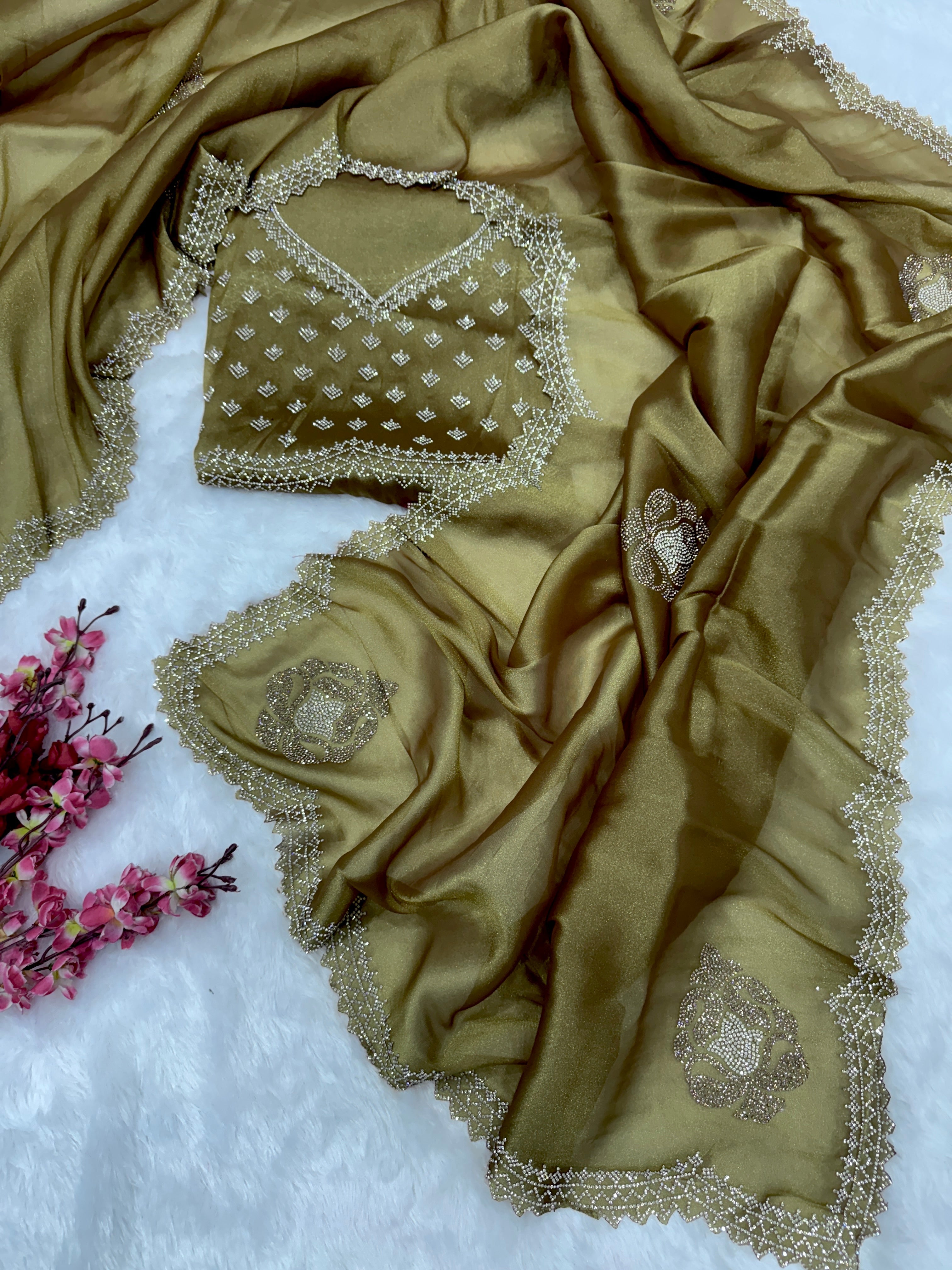 Designer Party Wear Saree With Jarkhan Diamond Work