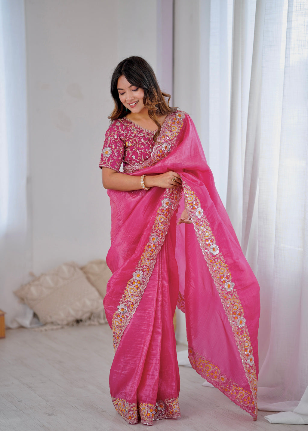 Designer Saree With Embroidery Threads & Codding & Sequins Work