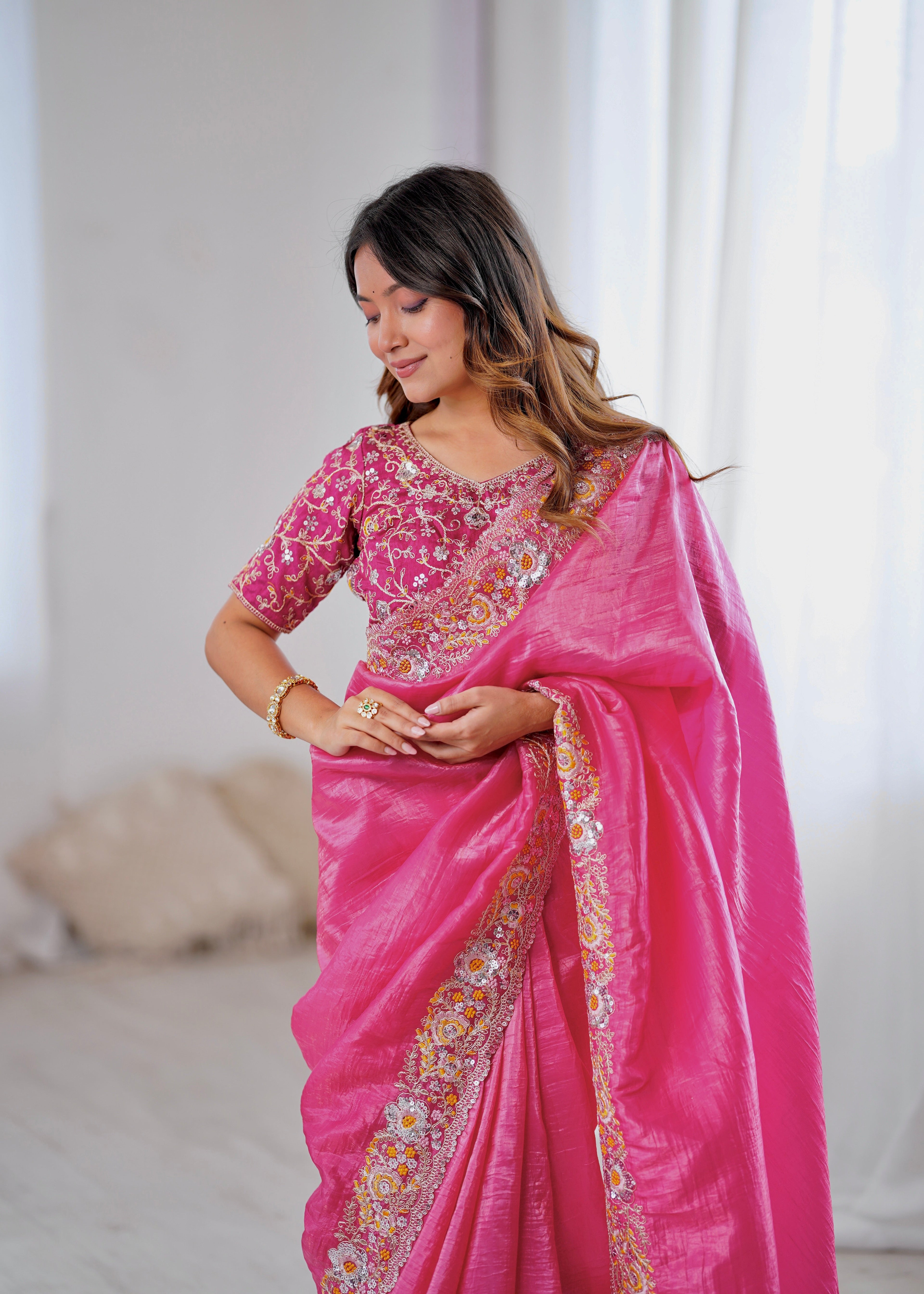 Designer Saree With Embroidery Threads & Codding & Sequins Work