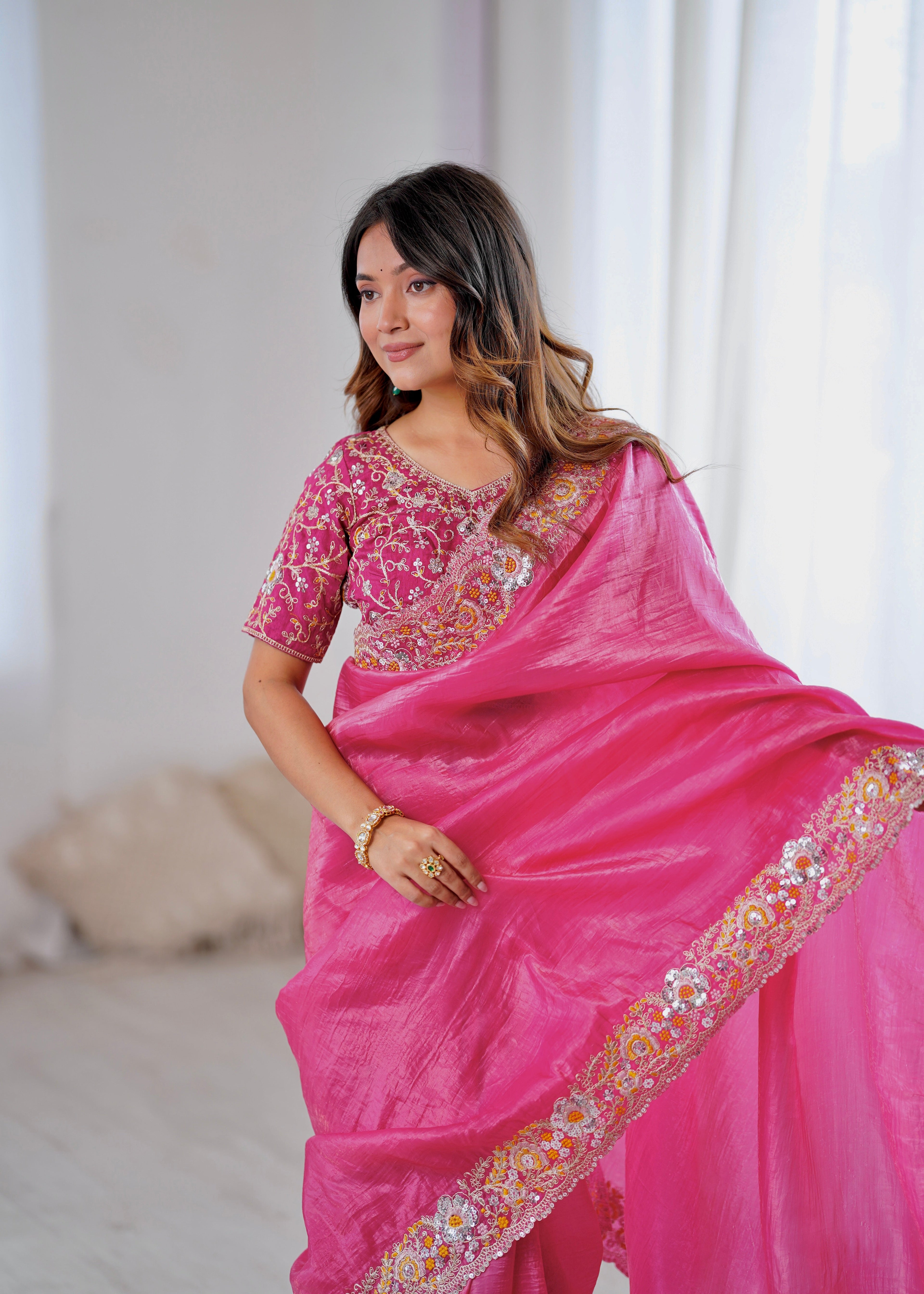 Designer Saree With Embroidery Threads & Codding & Sequins Work