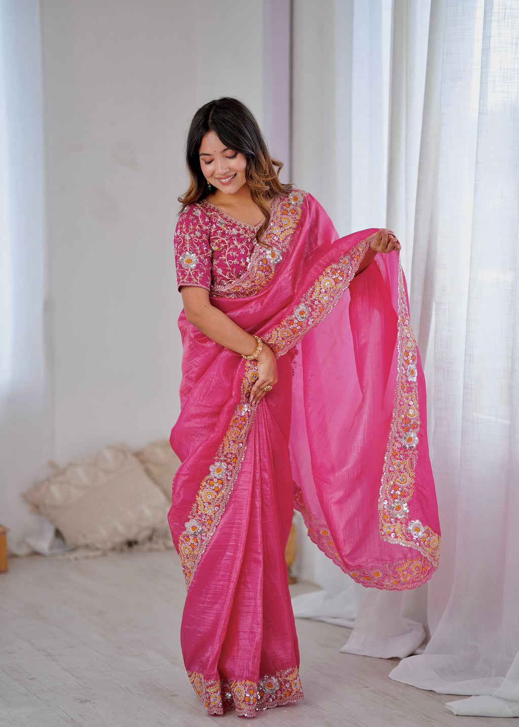 Designer Saree With Embroidery Threads & Codding & Sequins Work