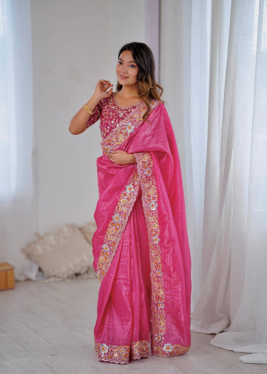 Designer Saree With Embroidery Threads & Codding & Sequins Work