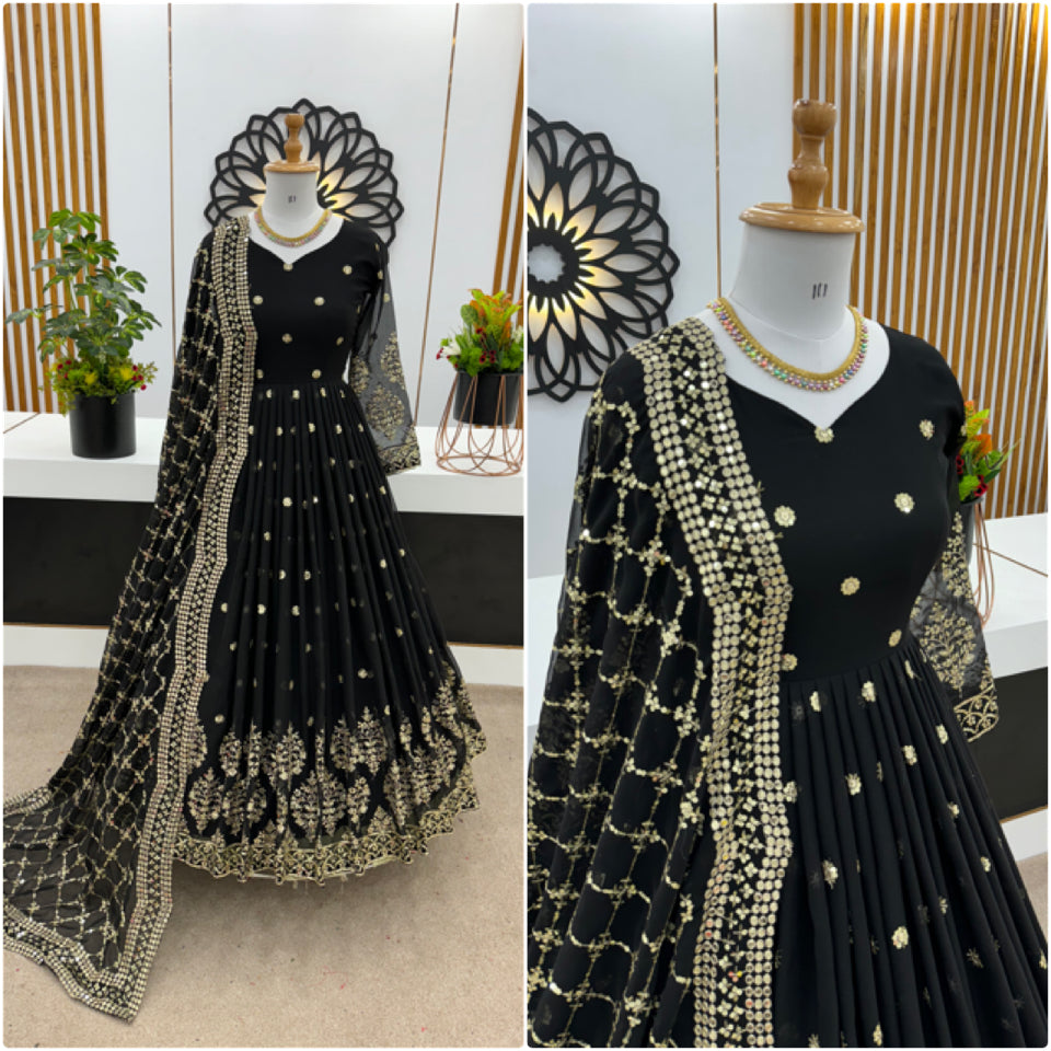 Designer Party Wear Look Full Heavy Embroidery Sequence Work Gown With Fully Stitched And Dupatta