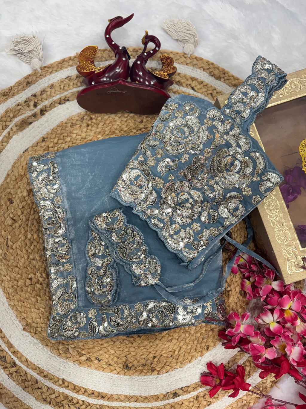 Party Wear Designer Saree With Cording And Sequins Embroidery Work Lace Border