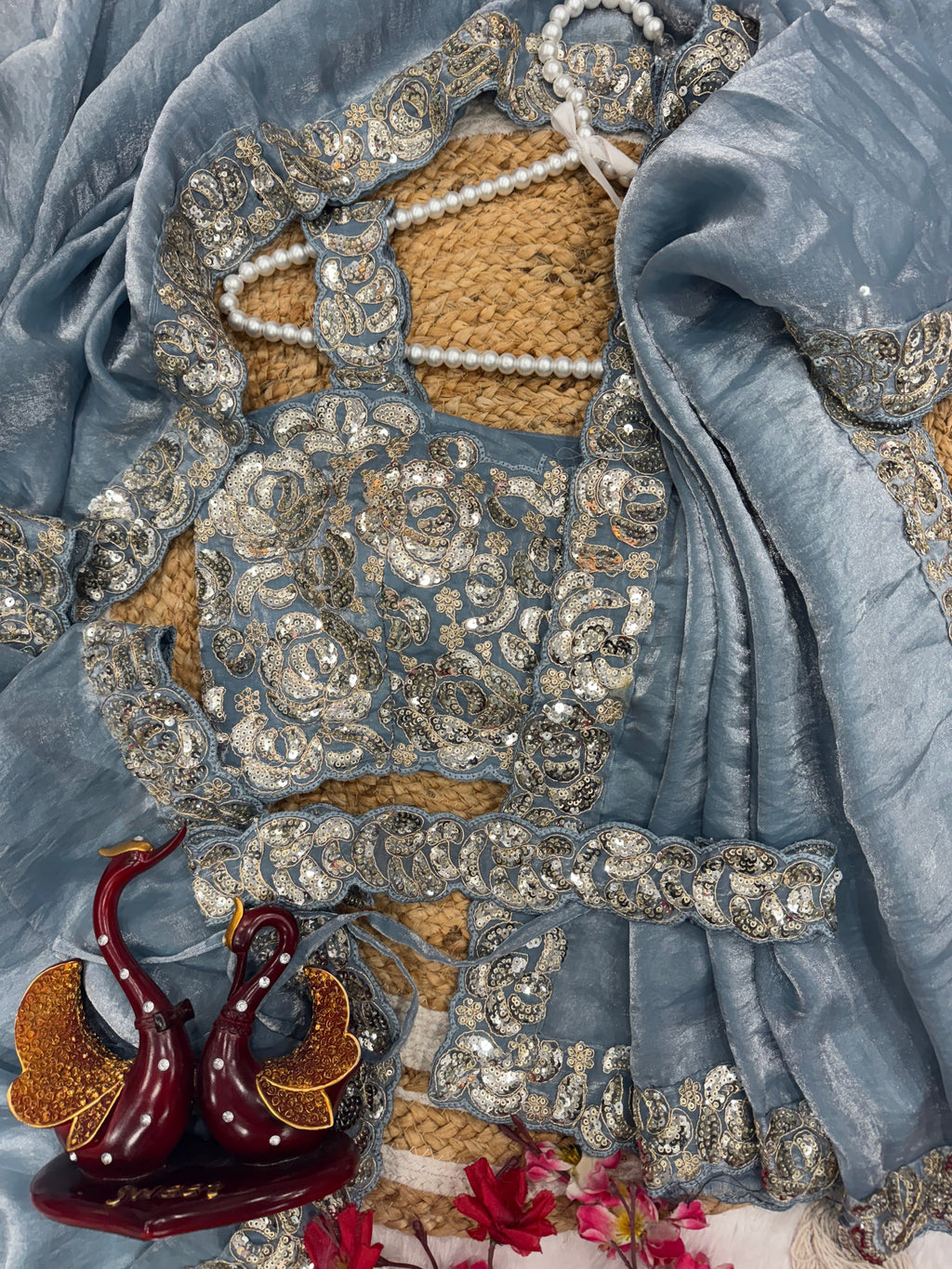 Party Wear Designer Saree With Cording And Sequins Embroidery Work Lace Border