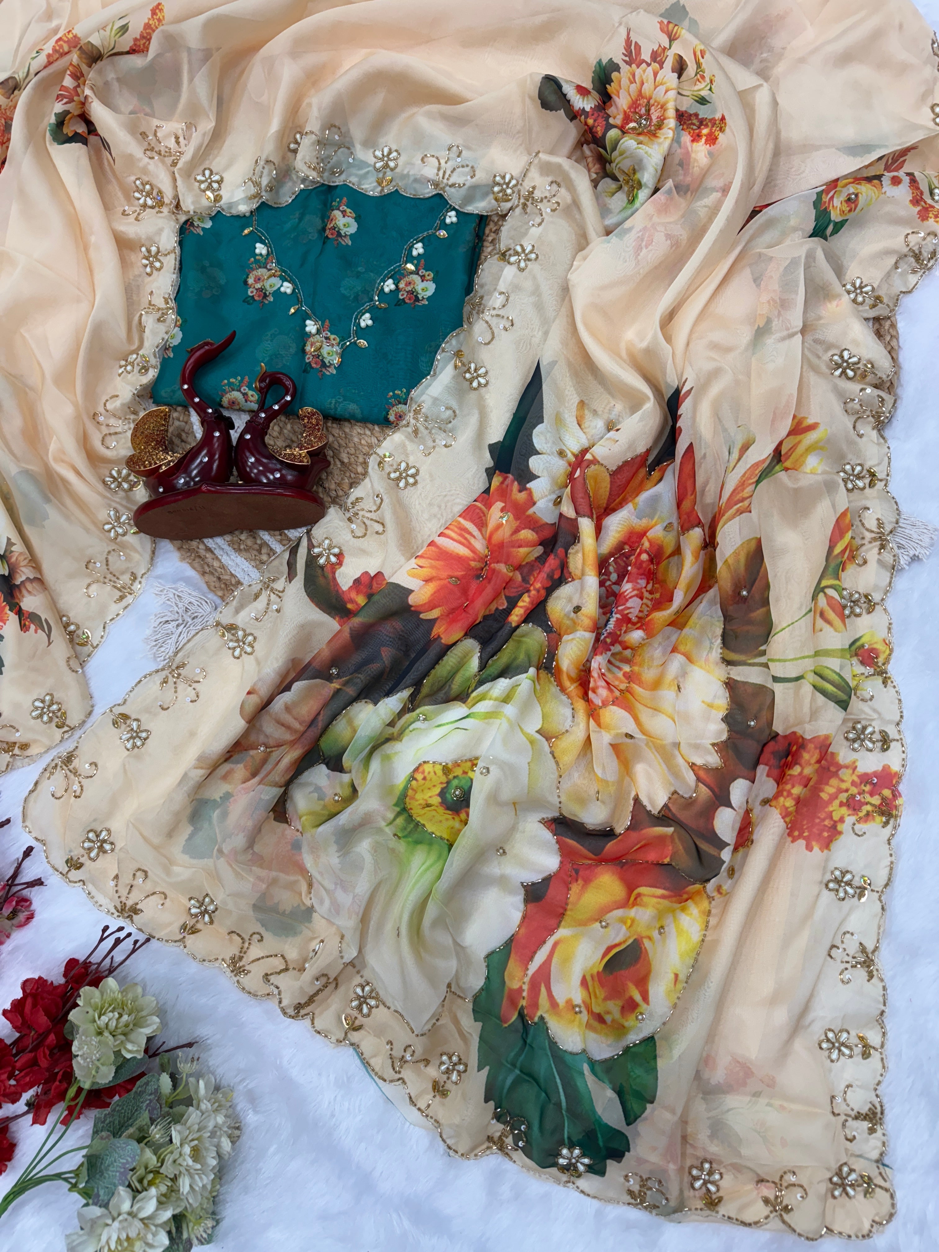 Designer Party Wear Look Floral Handwork Saree