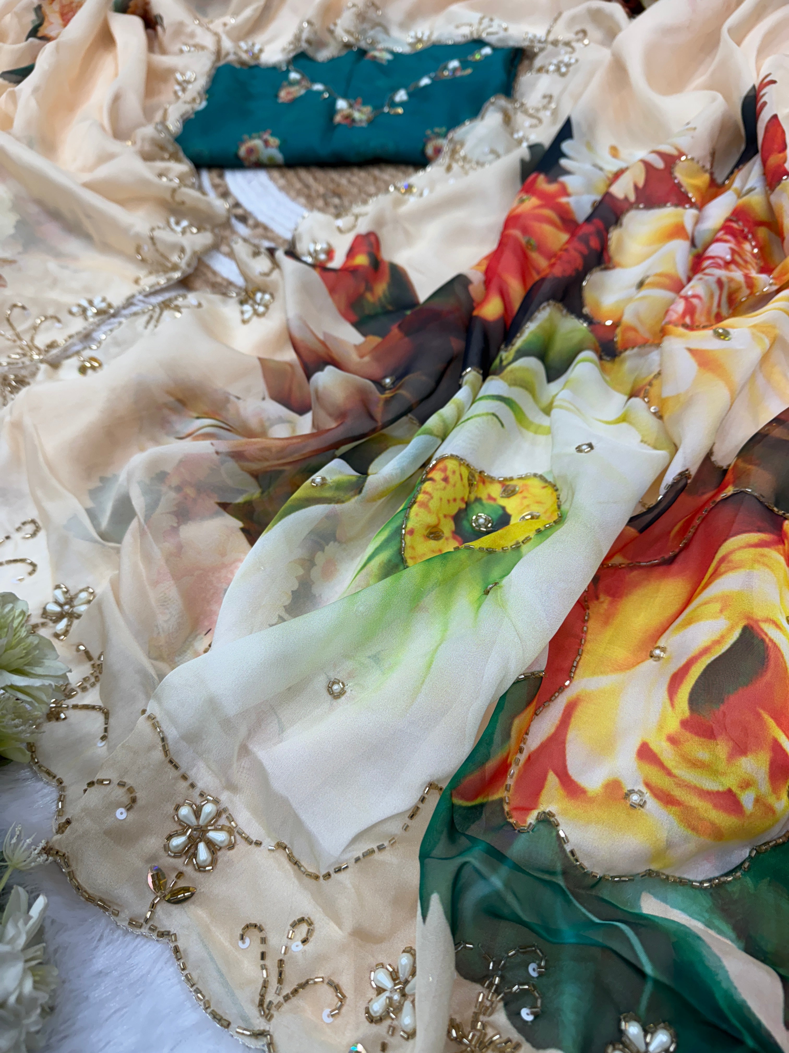 Designer Party Wear Look Floral Handwork Saree