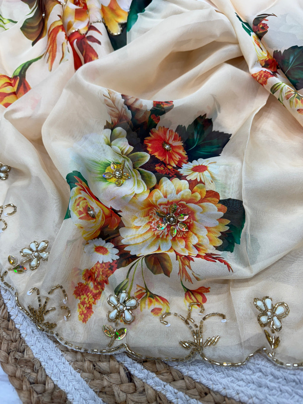 Designer Party Wear Look Floral Handwork Saree