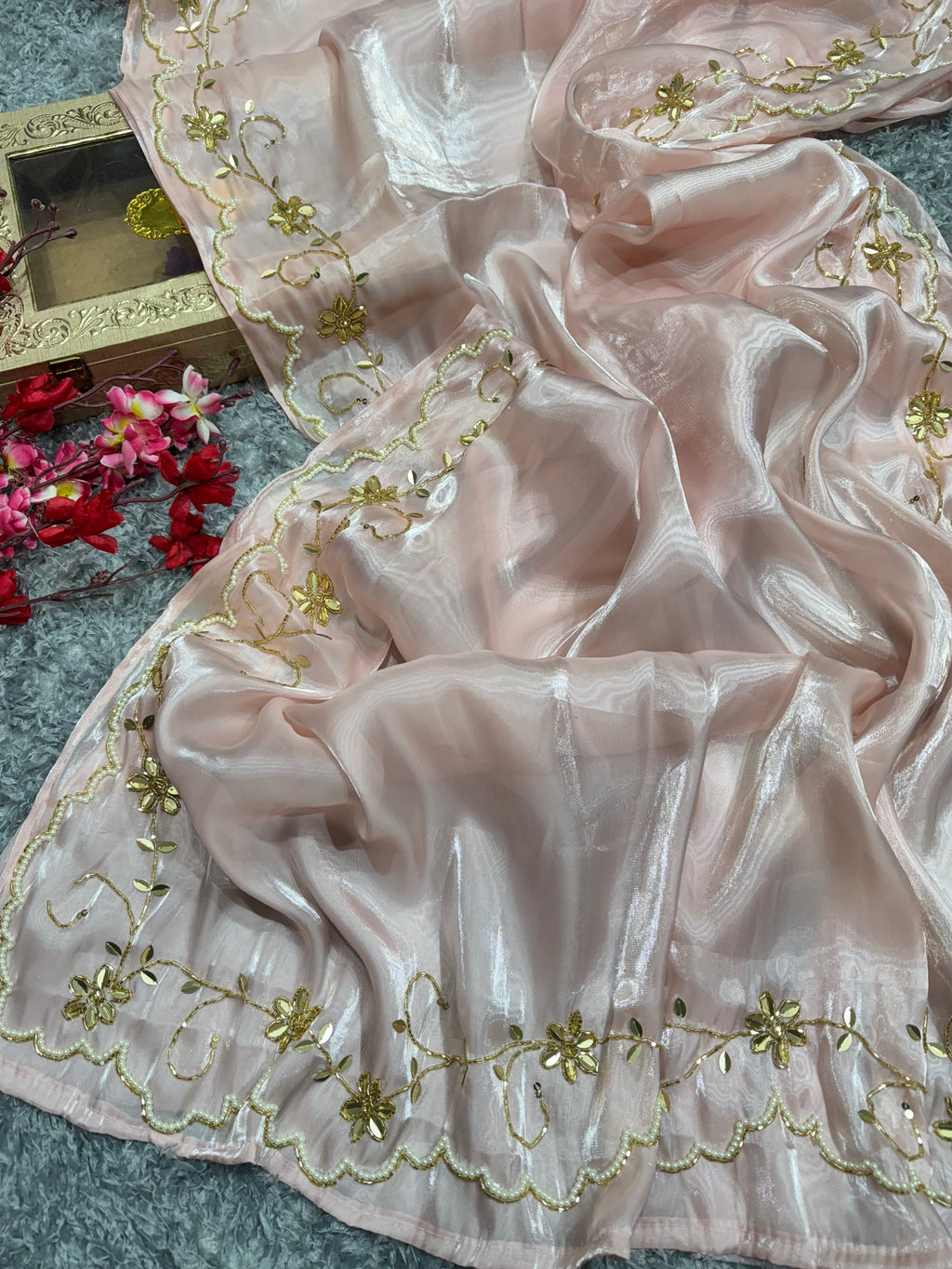 Party Wear Look Saree With Pearls And Katdana Handwork