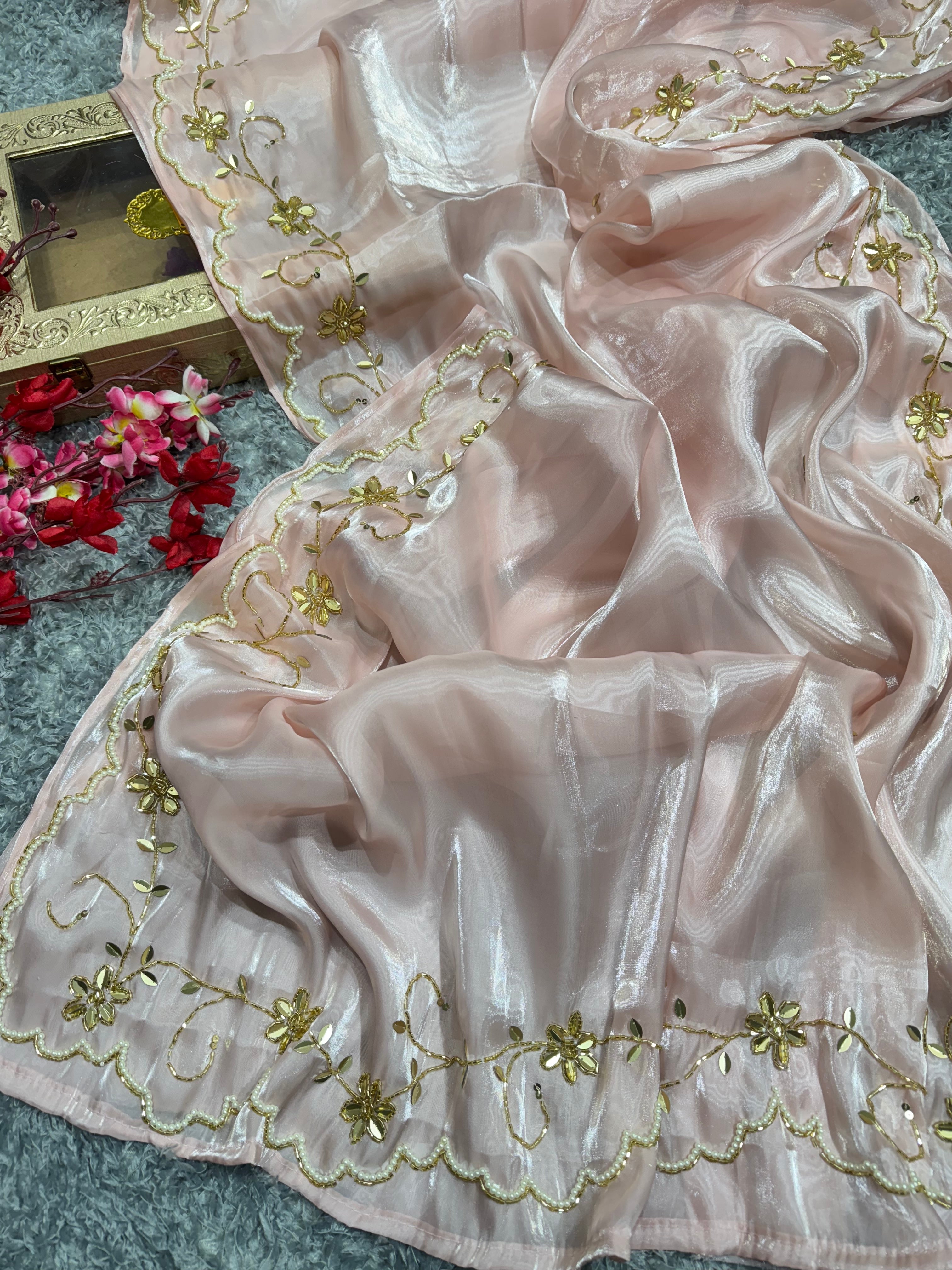 Party Wear Look Saree With Pearls And Katdana Handwork