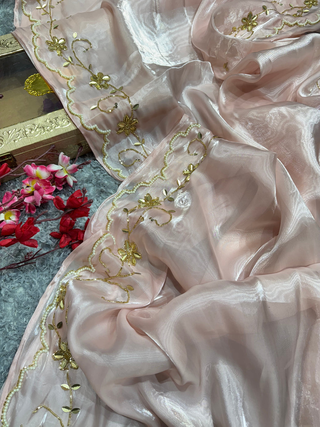 Party Wear Look Saree With Pearls And Katdana Handwork