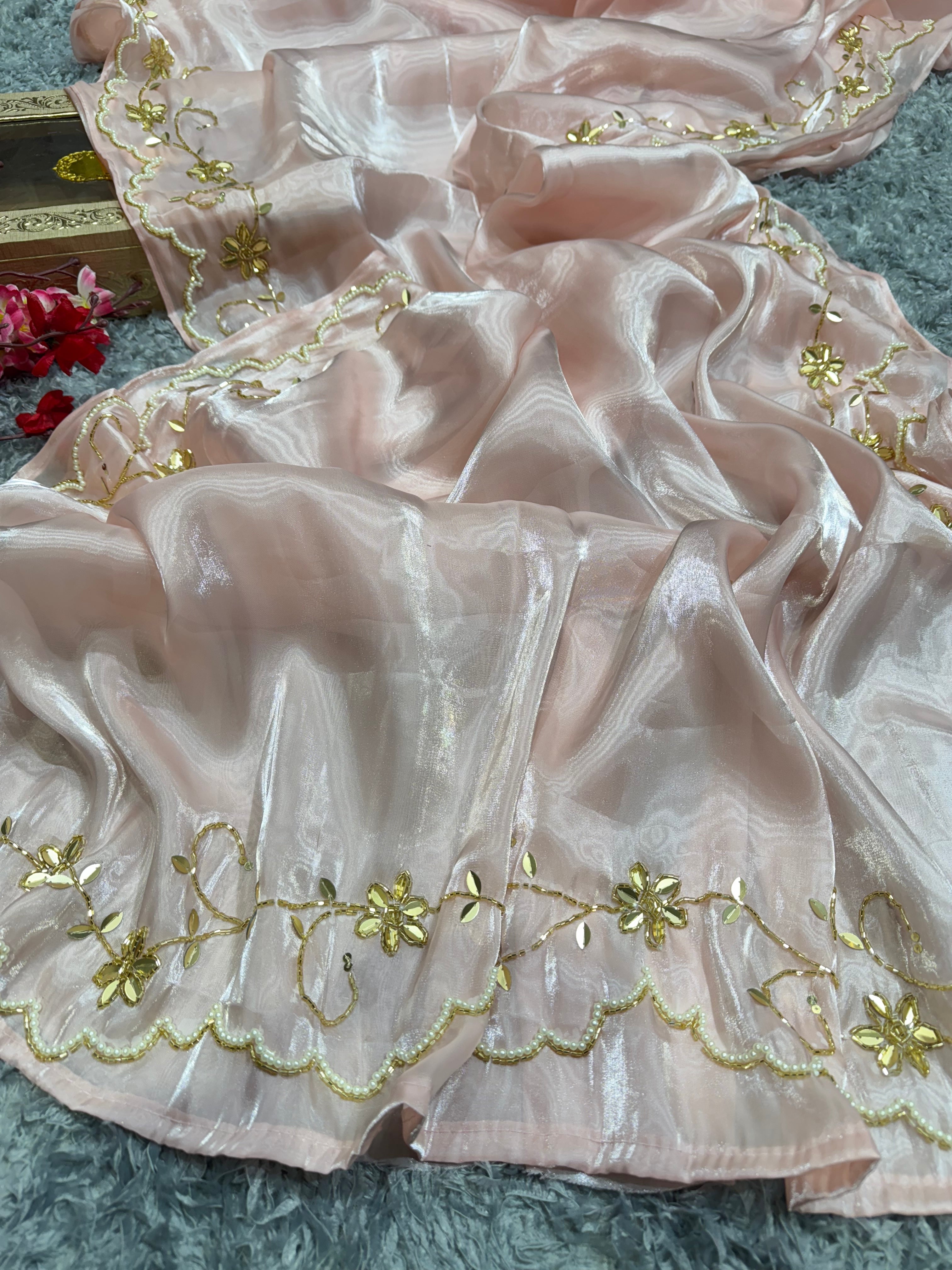 Party Wear Look Saree With Pearls And Katdana Handwork