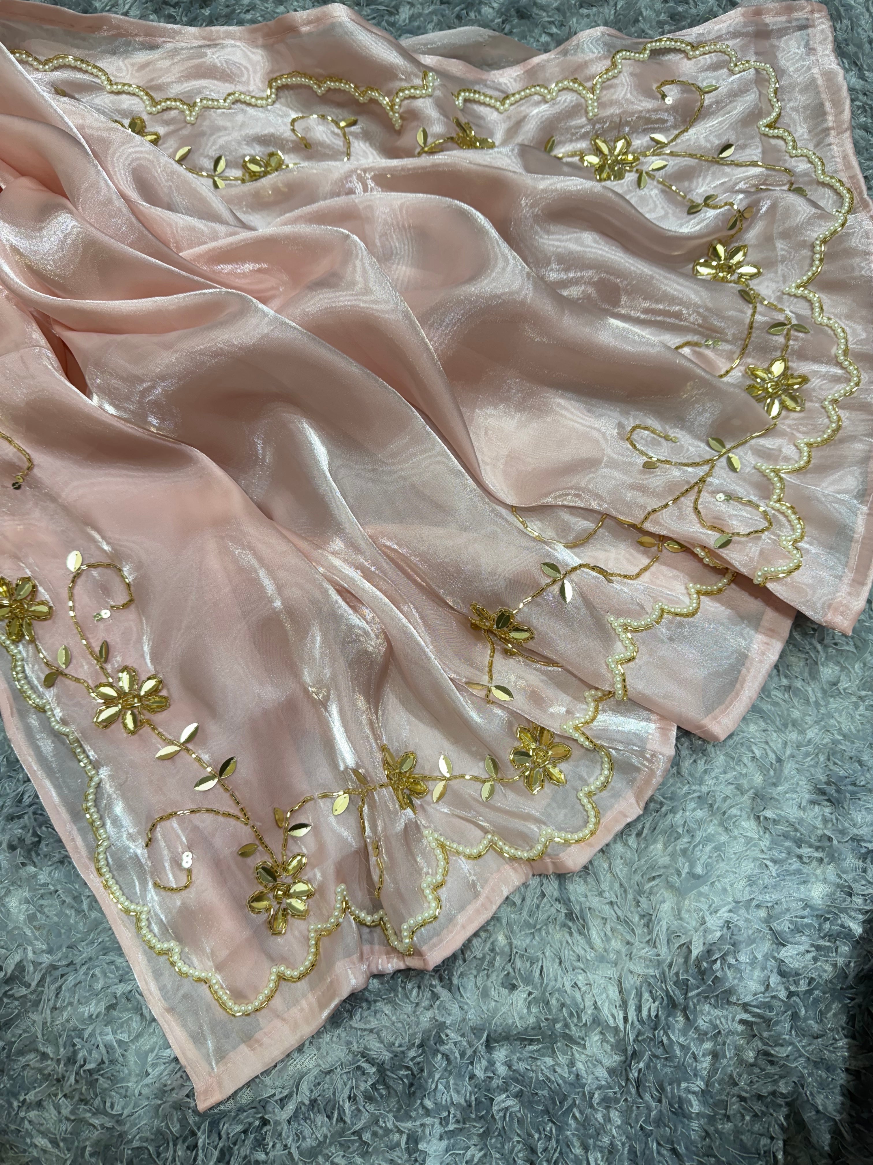 Party Wear Look Saree With Pearls And Katdana Handwork