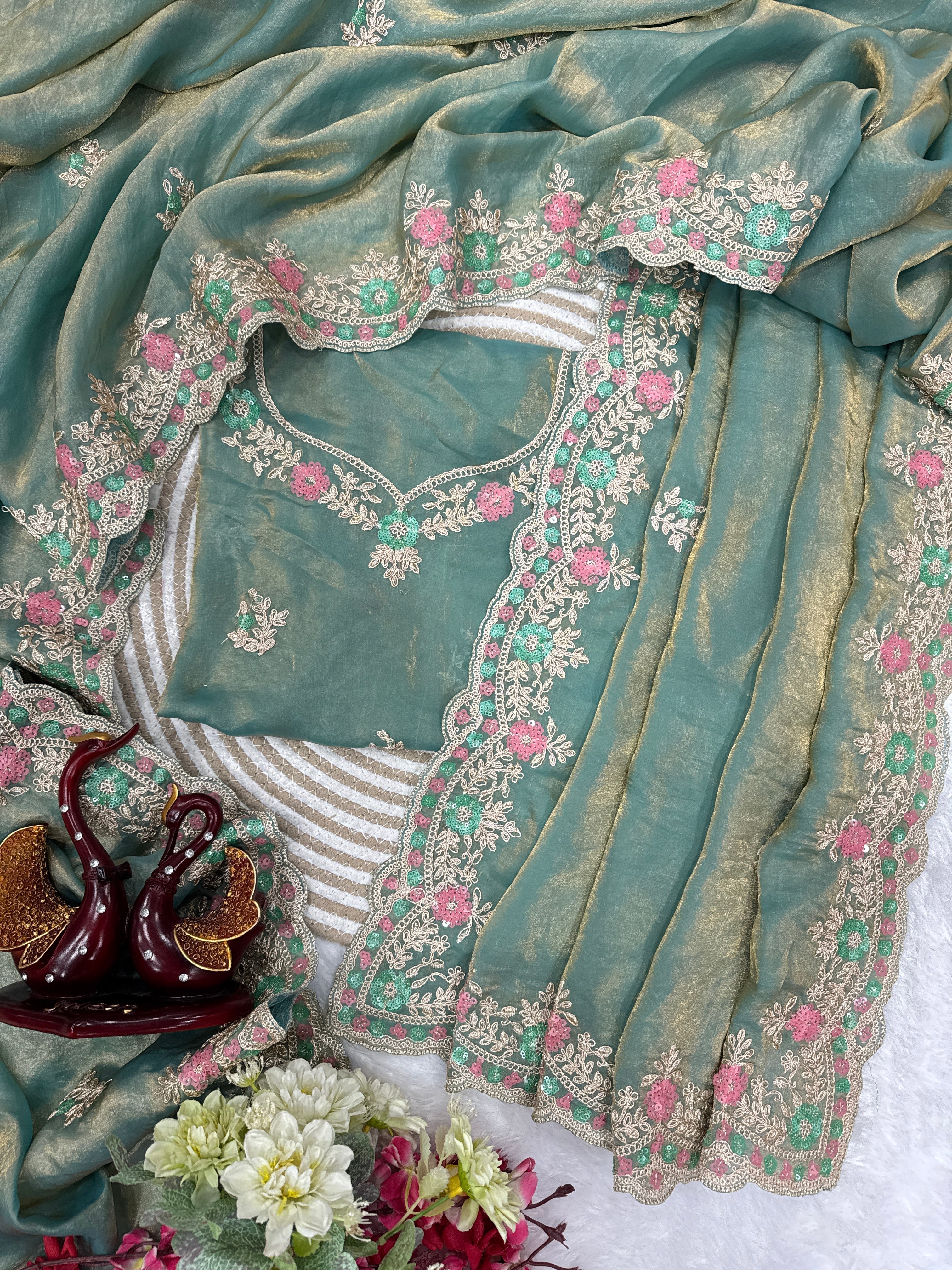 Party Wear Saree With Sequence And Cording Embroidery Work