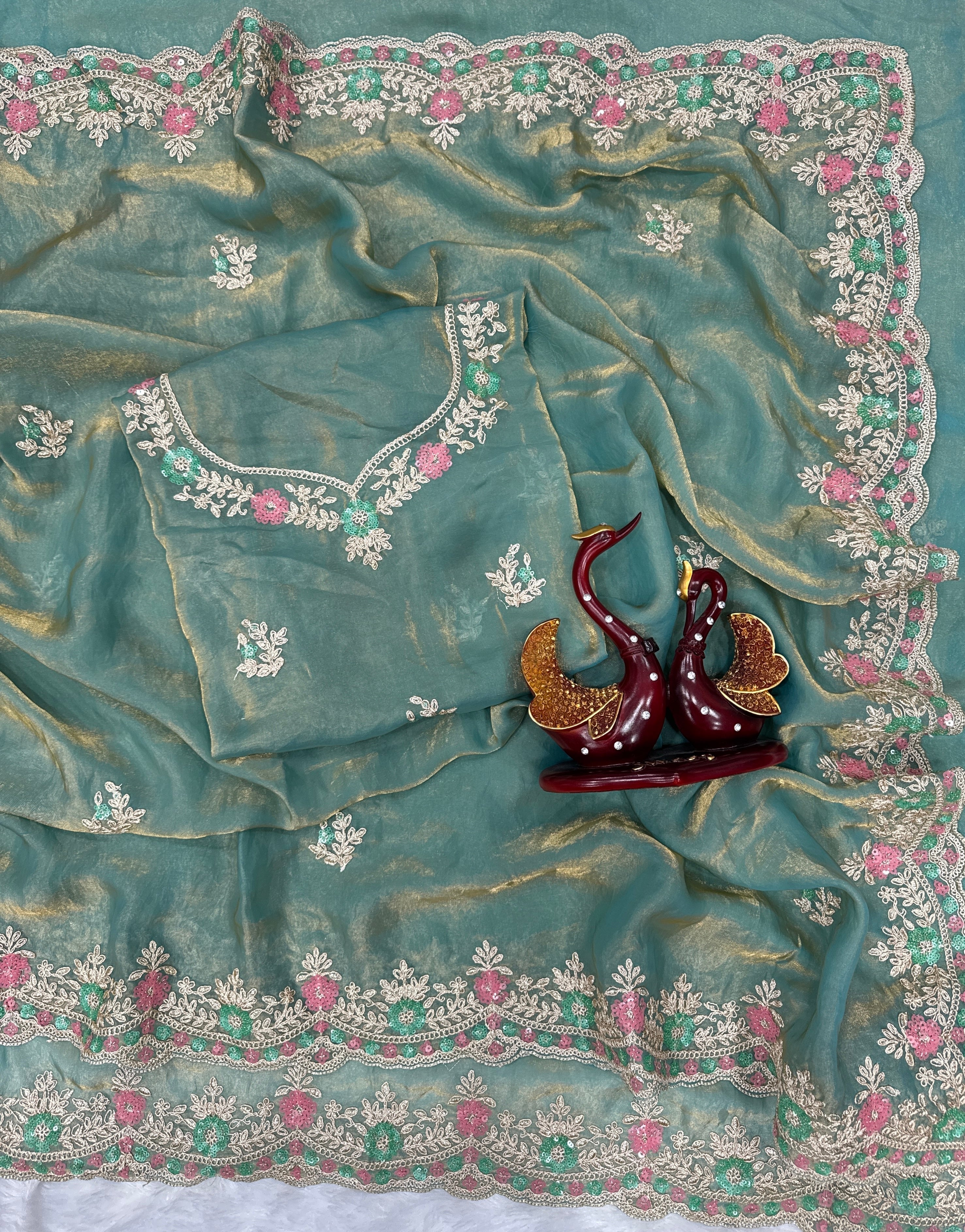 Party Wear Saree With Sequence And Cording Embroidery Work